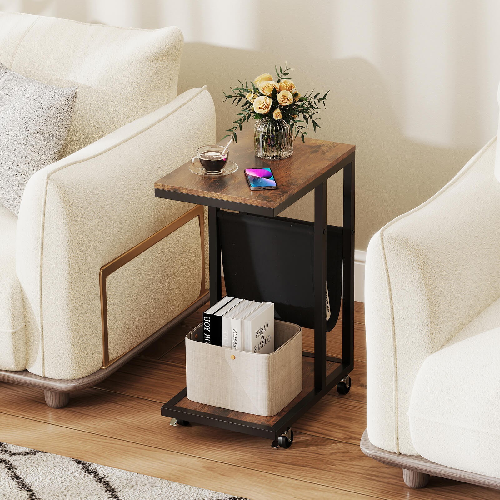 C-shaped Side Table 2-tier Sofa Couch Table w/ Canvas Storage Pouch Brown