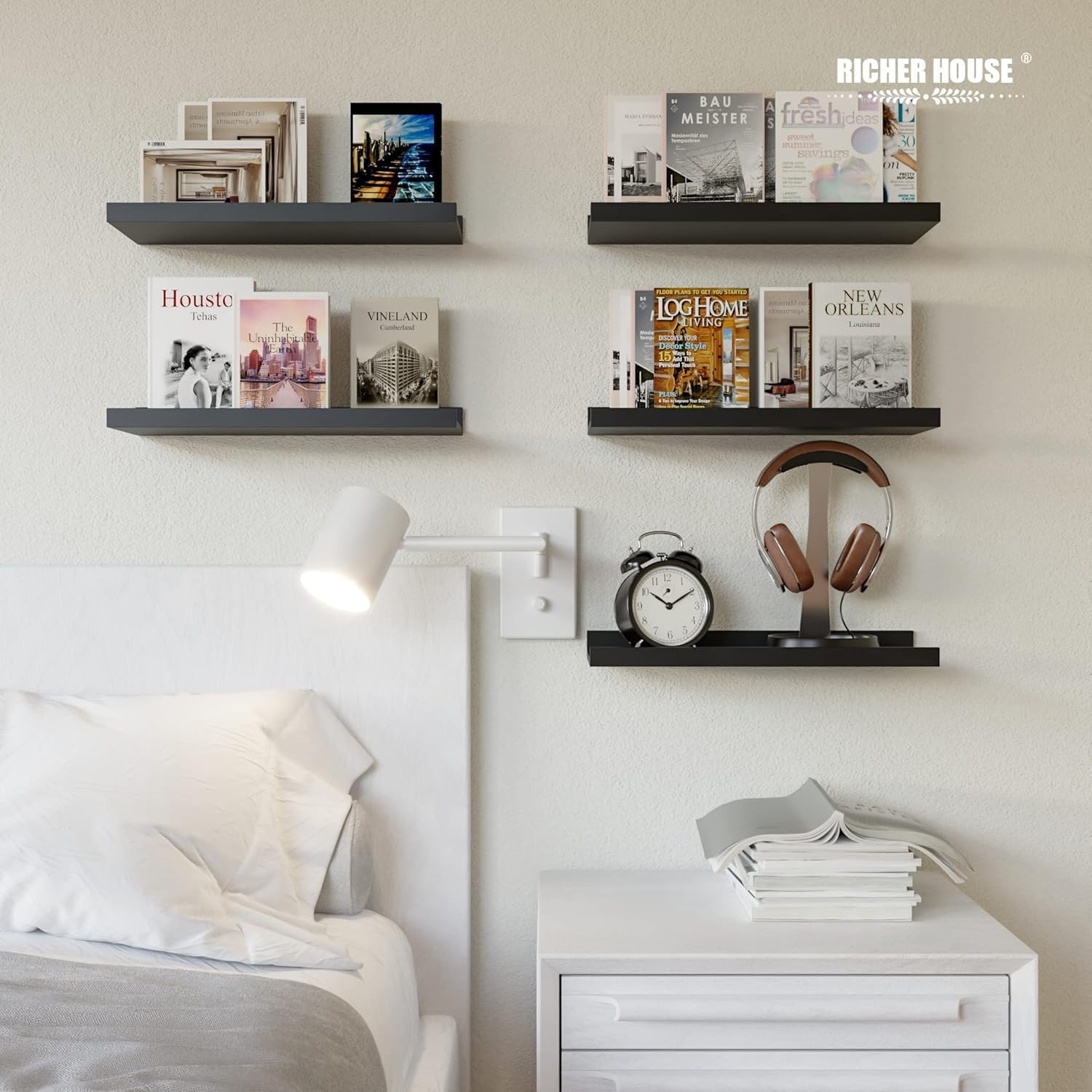 RICHER HOUSE 5 Set Floating Wall Mounted Shelves, Black 5pcs*15.75in,