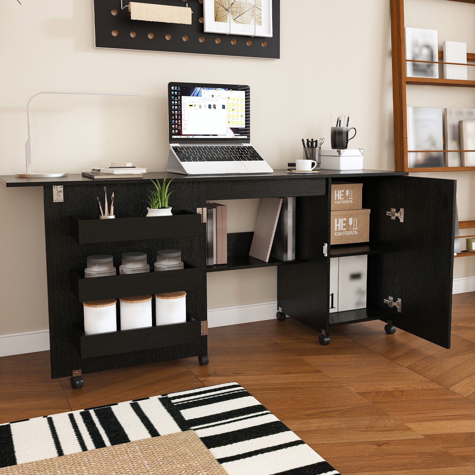 Foldable Sewing Machine Table with Locking Casters 57.5 Inch Black Craft Station