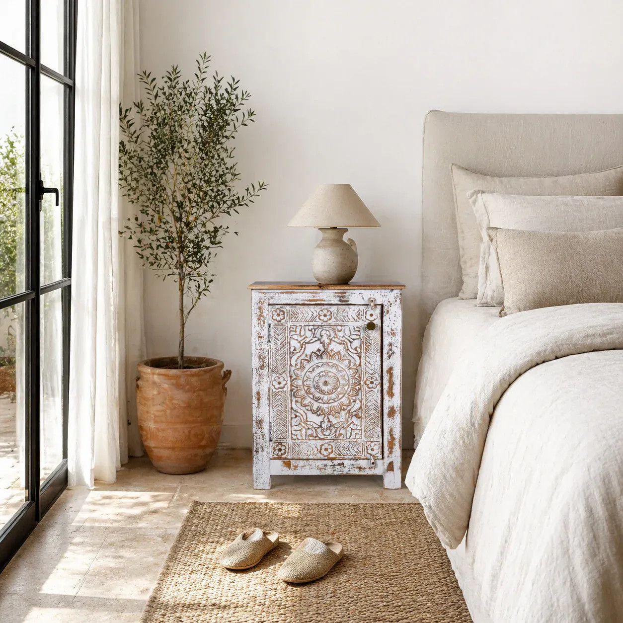 Artisan Handmade Bedside Table Solid Wood Hand Carved 19.7 × 15.7 × 28.3 inches