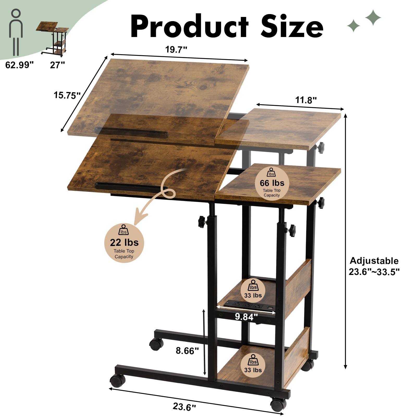 Hadulcet Adjustable C 15.8 inches x 31.5 x 33.5 inches, Romantic Brown