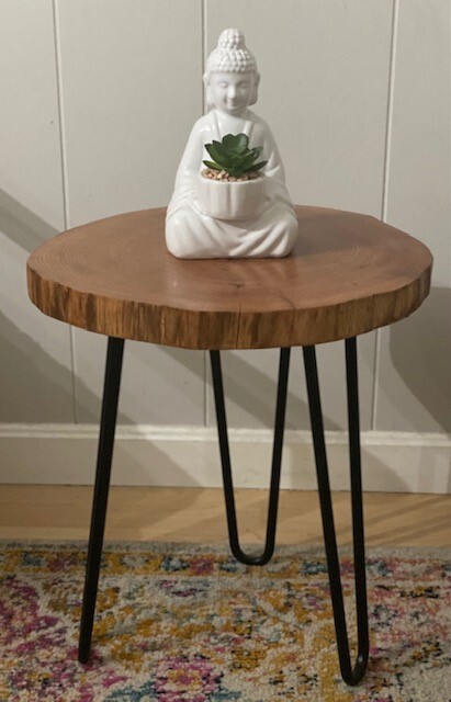 Unique accent table Oak Slab with black metal hair pin legs. 