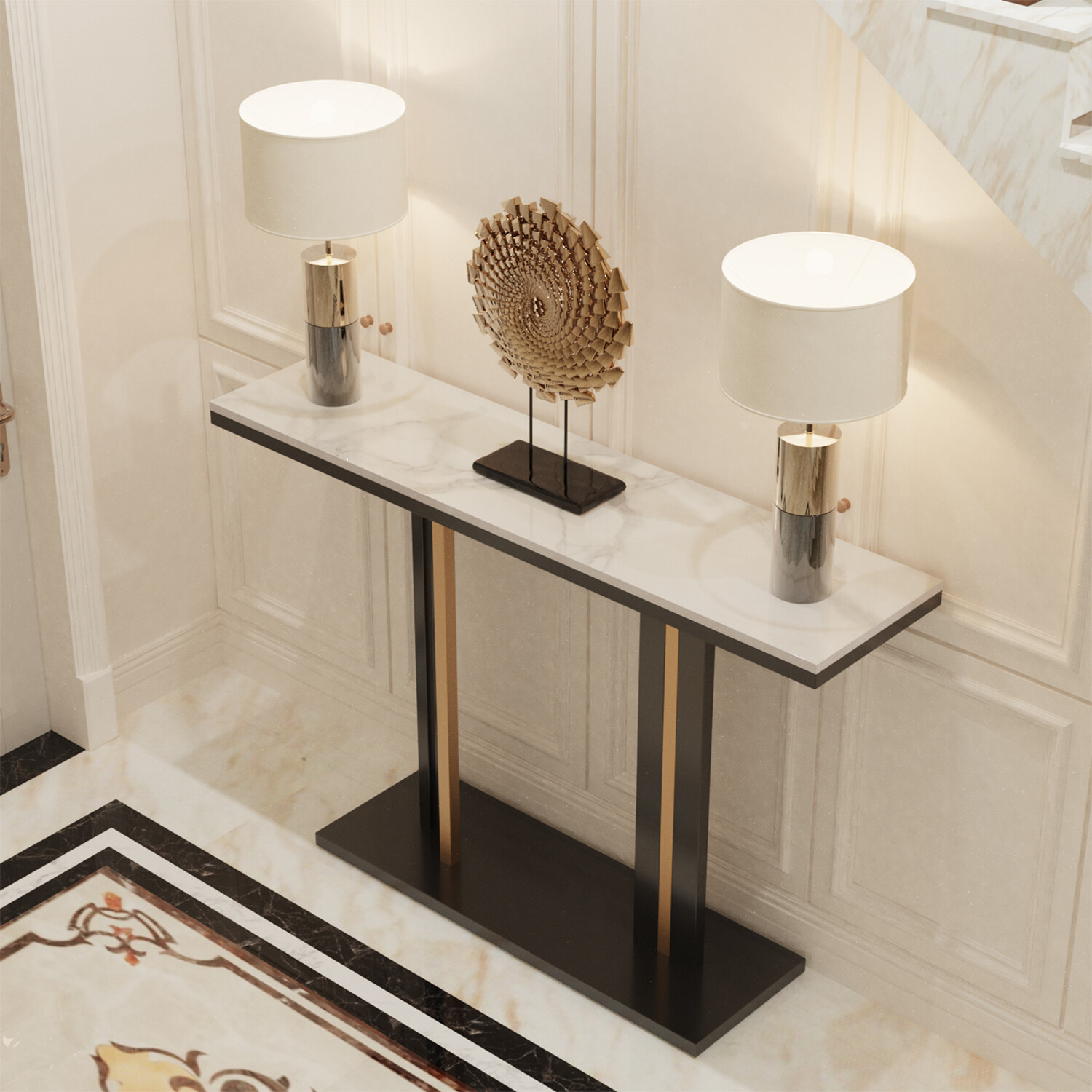 Sophisticated Glossy Marble Console Table Behind Sofa Display Stand Black Gold