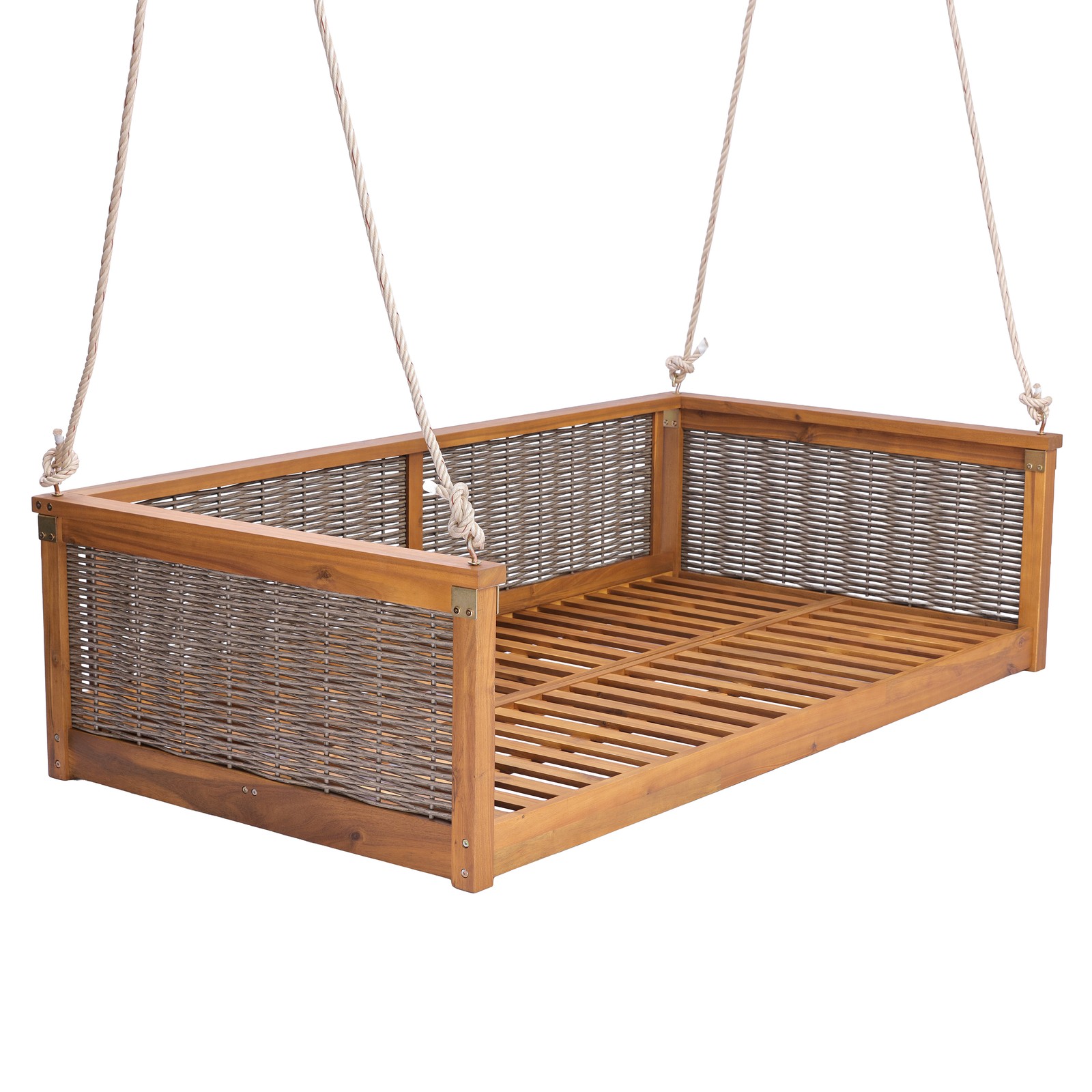 Acacia Wood Rattan Swing Bed Twin Size Outdoor Patio Porch Teak