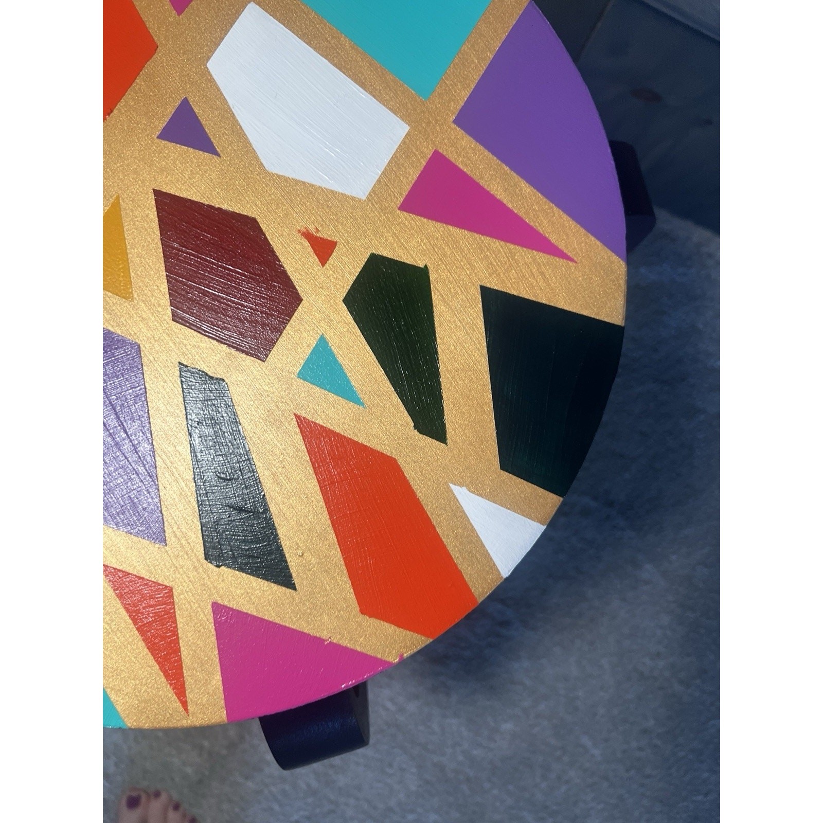 Hand-Painted Side Table Unique Colorful Navy Blue Legs Gold Geometric Boho