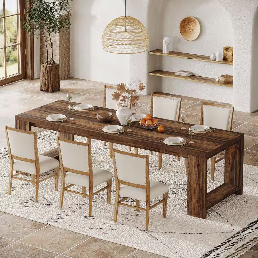 Rustic Brown Rectangular Wood 86. 61 In. 4 Legs Dining Table Seats 6-8 Farmhouse