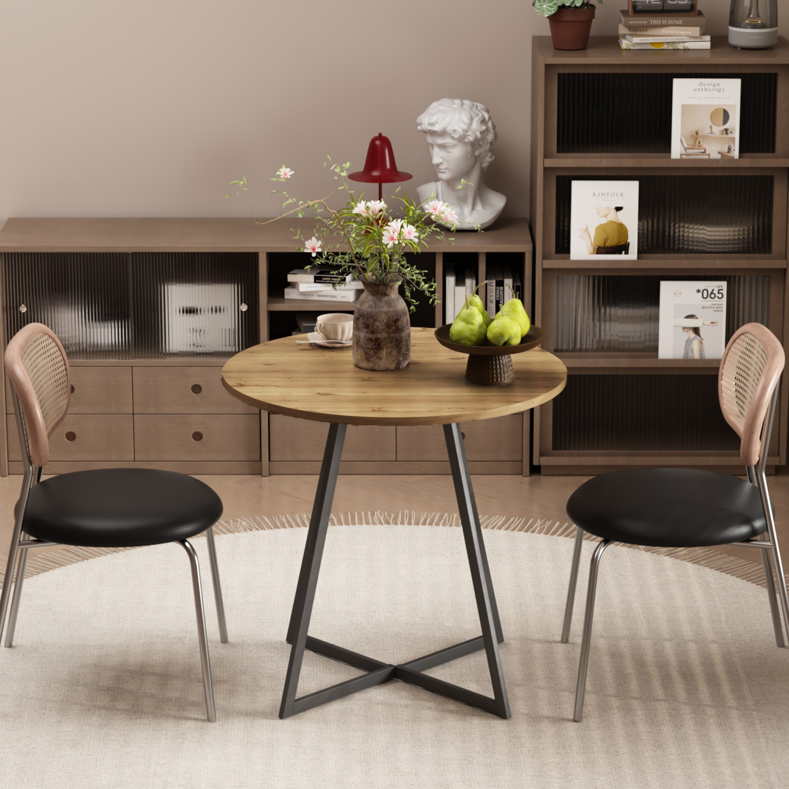 31.5 Inch Round Dining Table Brown MDF Top Black Metal Legs