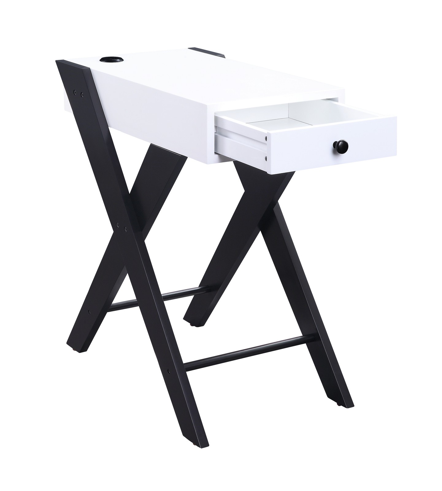 White & Black Accent Table with USB Port & Drawer, 24″H