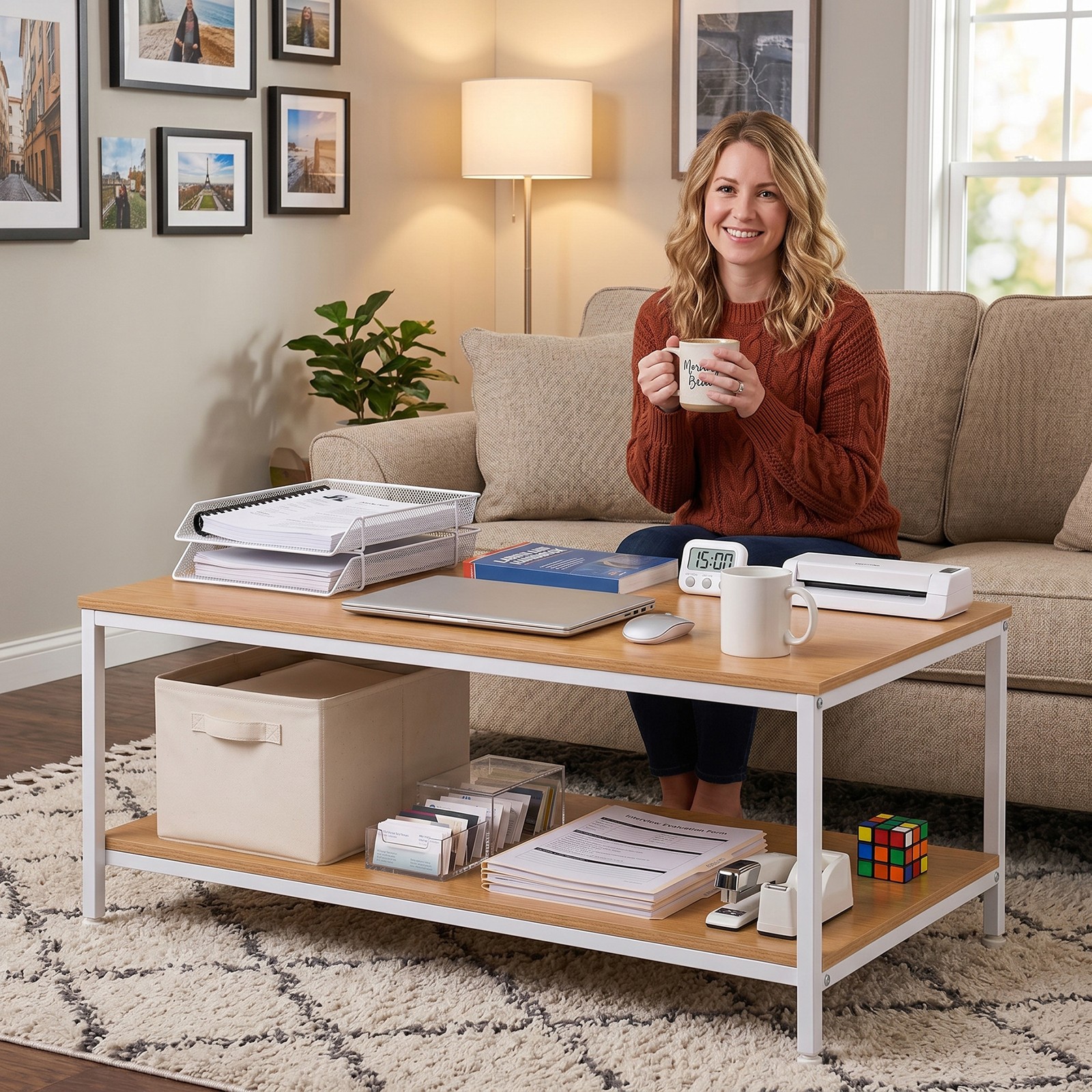 Natural Coffee Table for Living Room Rectangle 2-Tier Coffee Tables with Storage
