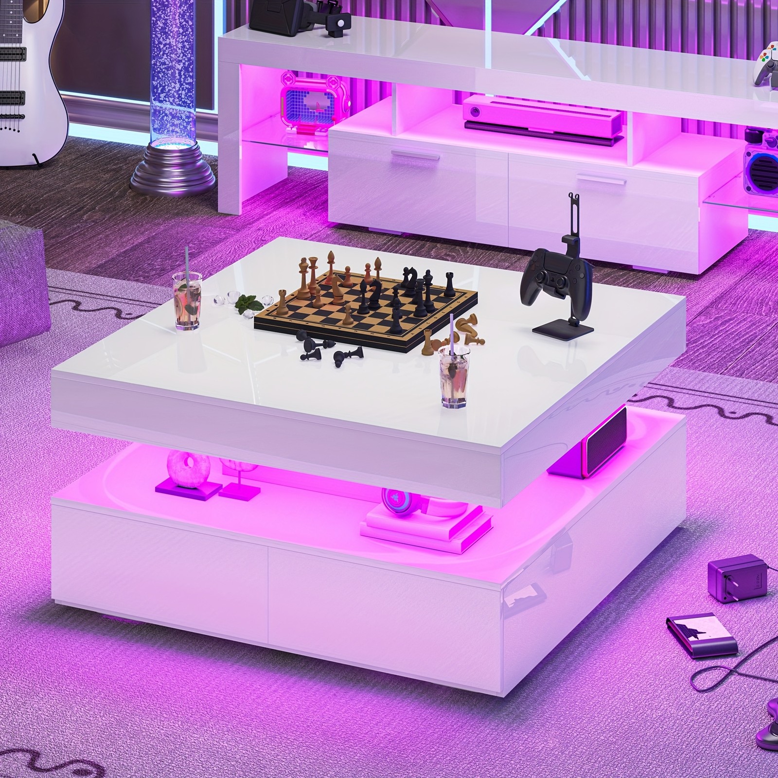 30.7″ Black LED Coffee Table, High Gloss Square, 2 Drawers, Modern Center