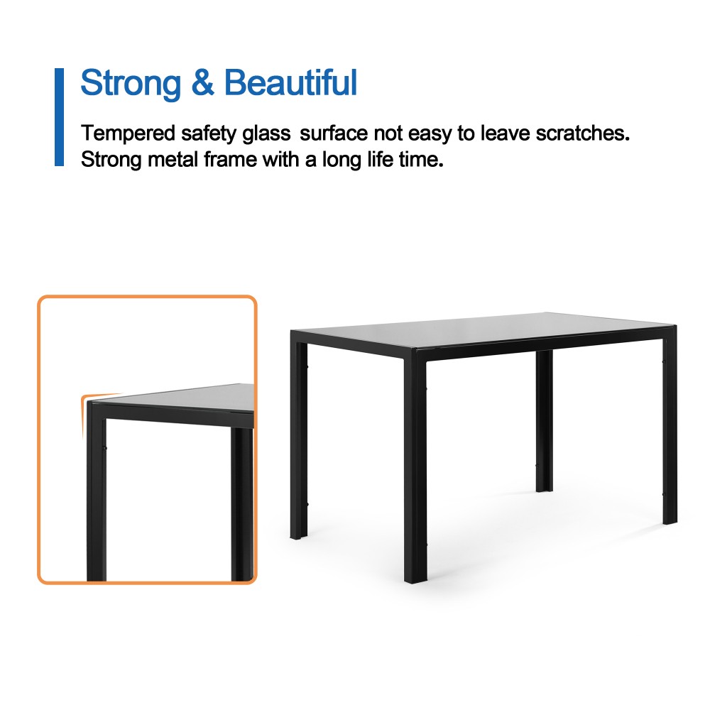 47.25″ Black Glass Dining Table, 4-Seater w/ Metal Frame for Small Spaces