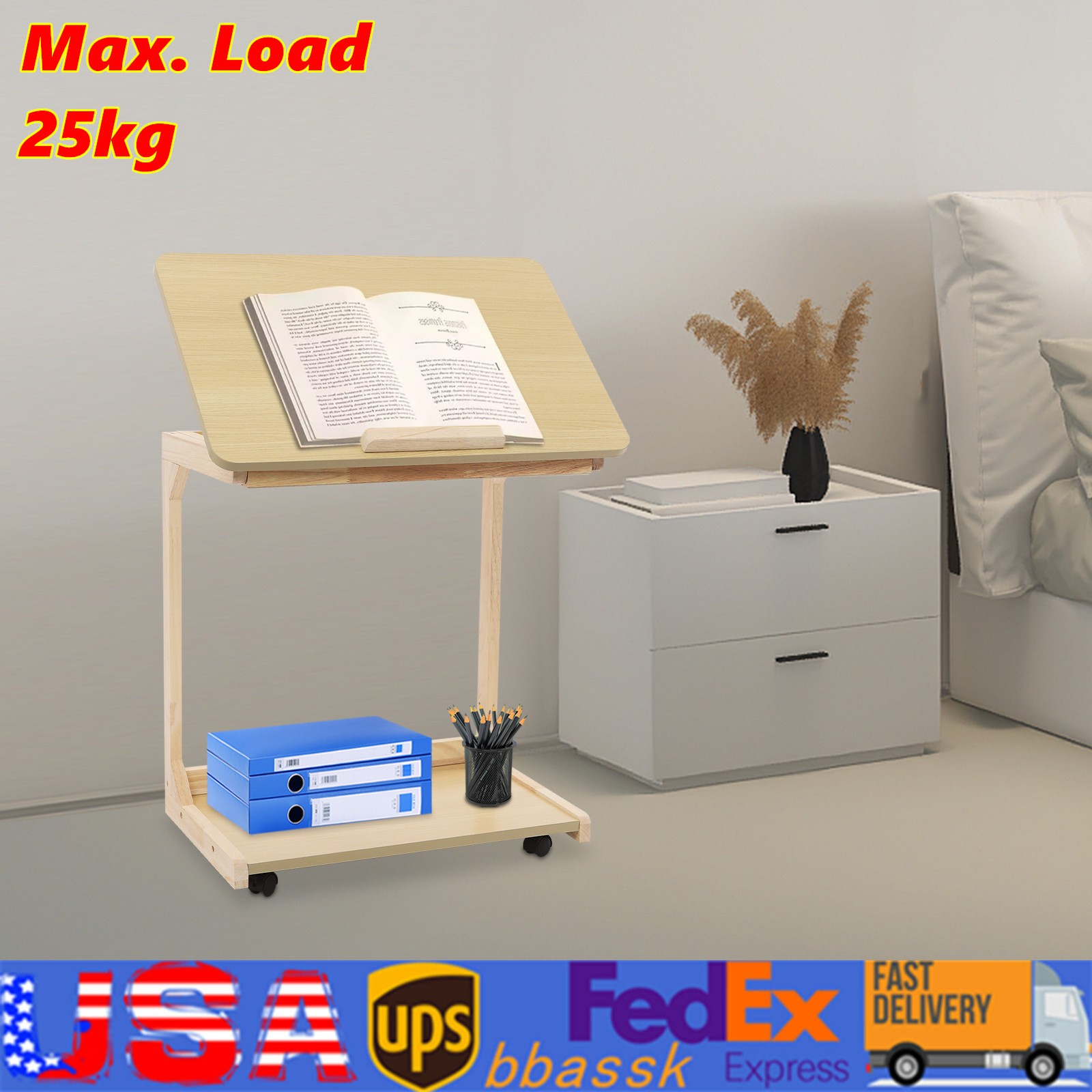C Shaped End Table 23.62*15.75*24.8in Sofa Table Adjustable Tilt Angle W/ Wheels