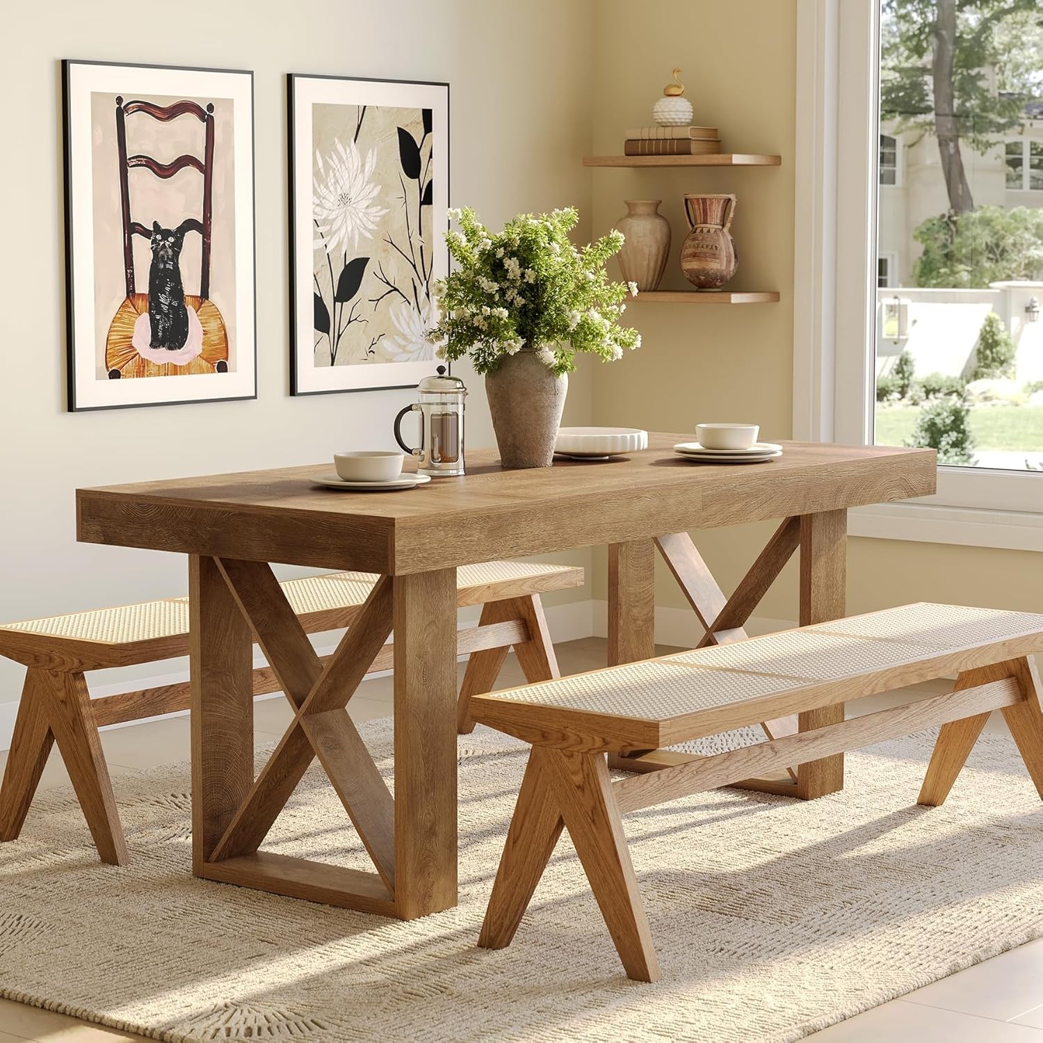63-Inch Rectangle Dining Table for 4-6 People, Farmhouse Kitchen Dinner Table