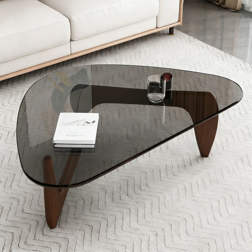 Glass Coffee Table Mid Century Modern Center Table with Glass Top Walnut Table