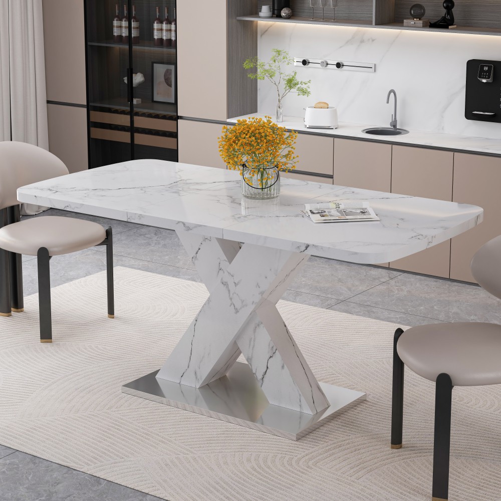 Modern Extending Rectangle Dining Table, Printed White Marble Top, MDF X-Legs