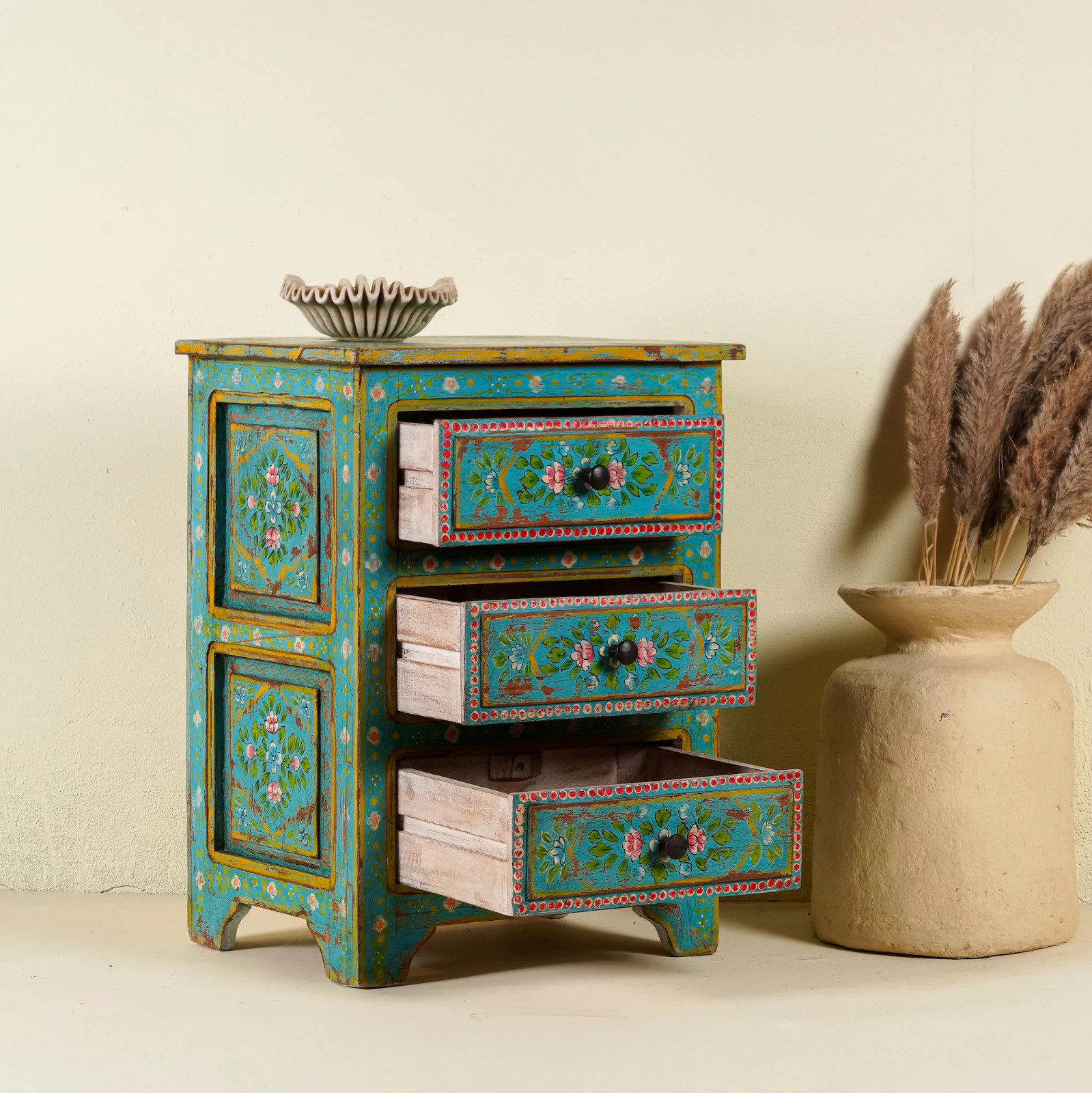 Artisan Handmade Bedside Table Solid Wood Hand Painted 20.1 × 15.7 × 27.6 inches