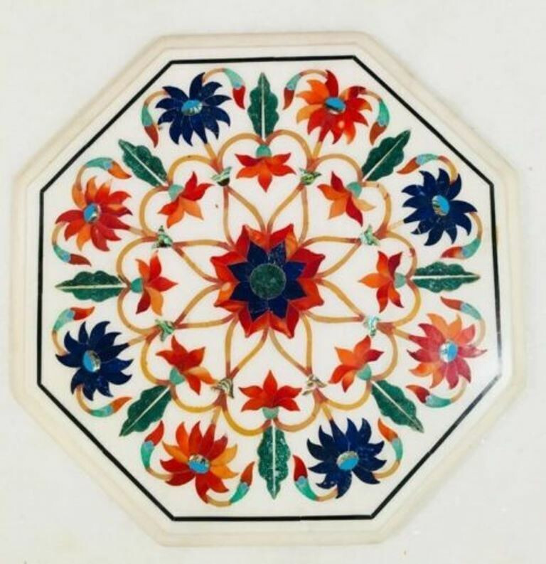 18″ Marble Handmade Inlay Semi Precious Stones Center Table Top Home Decor