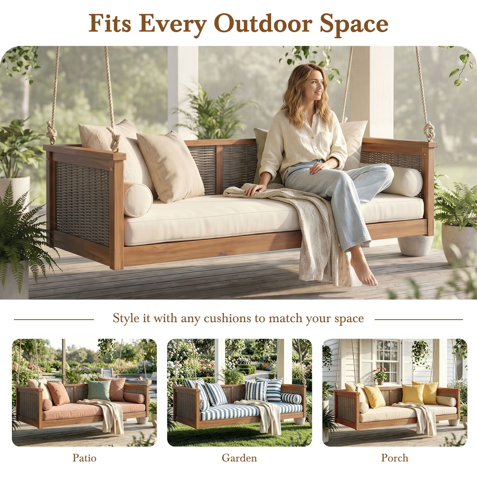 Acacia Wood Rattan Swing Bed Twin Size Outdoor Patio Porch Teak
