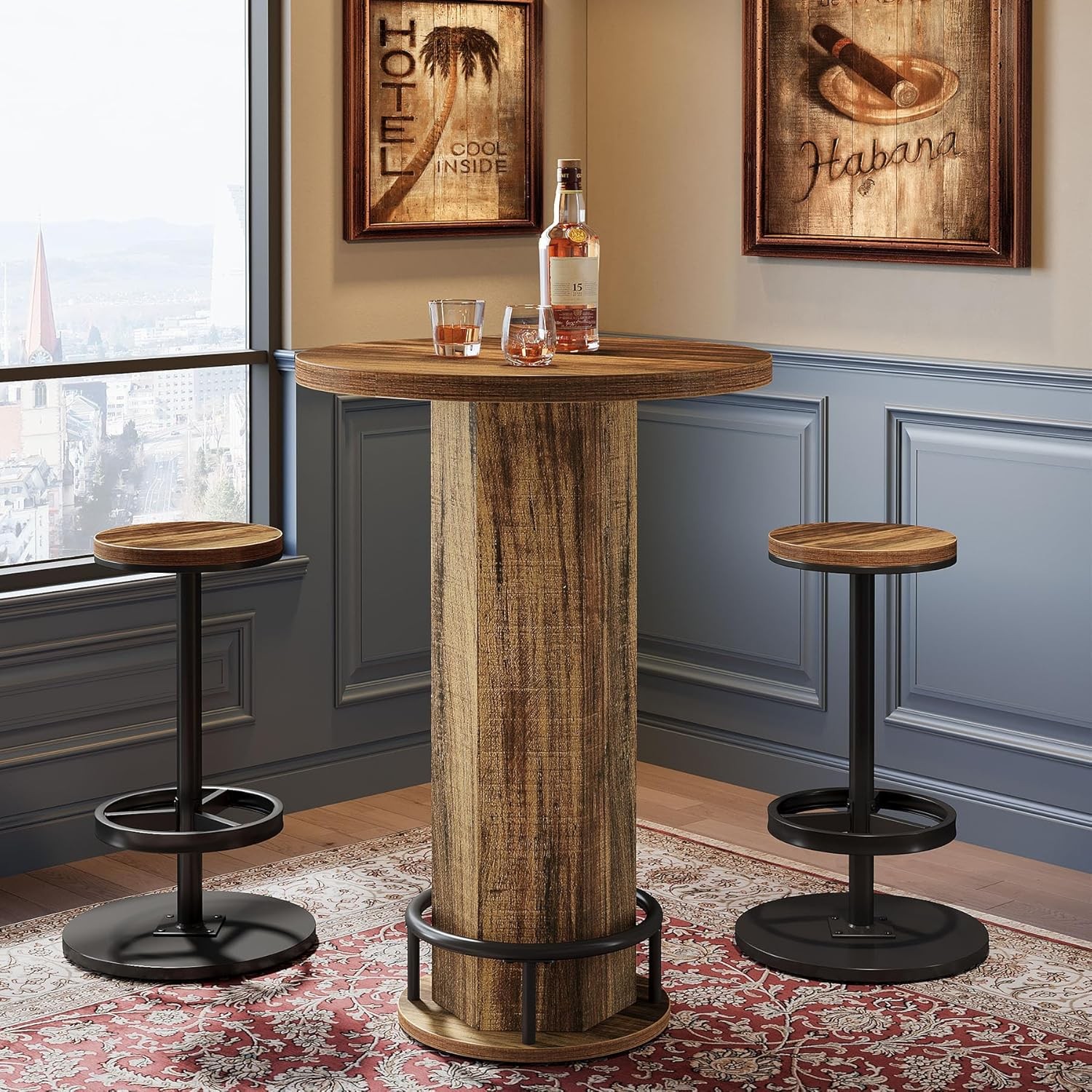 Tribesigns Round Bar Table with Chairs, Industrial Bistro Sets with 2 barstools