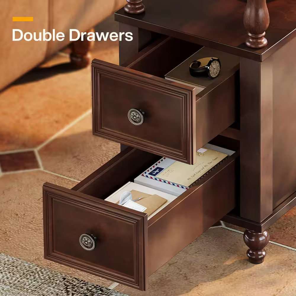 Kerlin 11.81In.W X 23.62In.D Vintage Brown Rectangle 2-Drawer Solid Wood End Tab