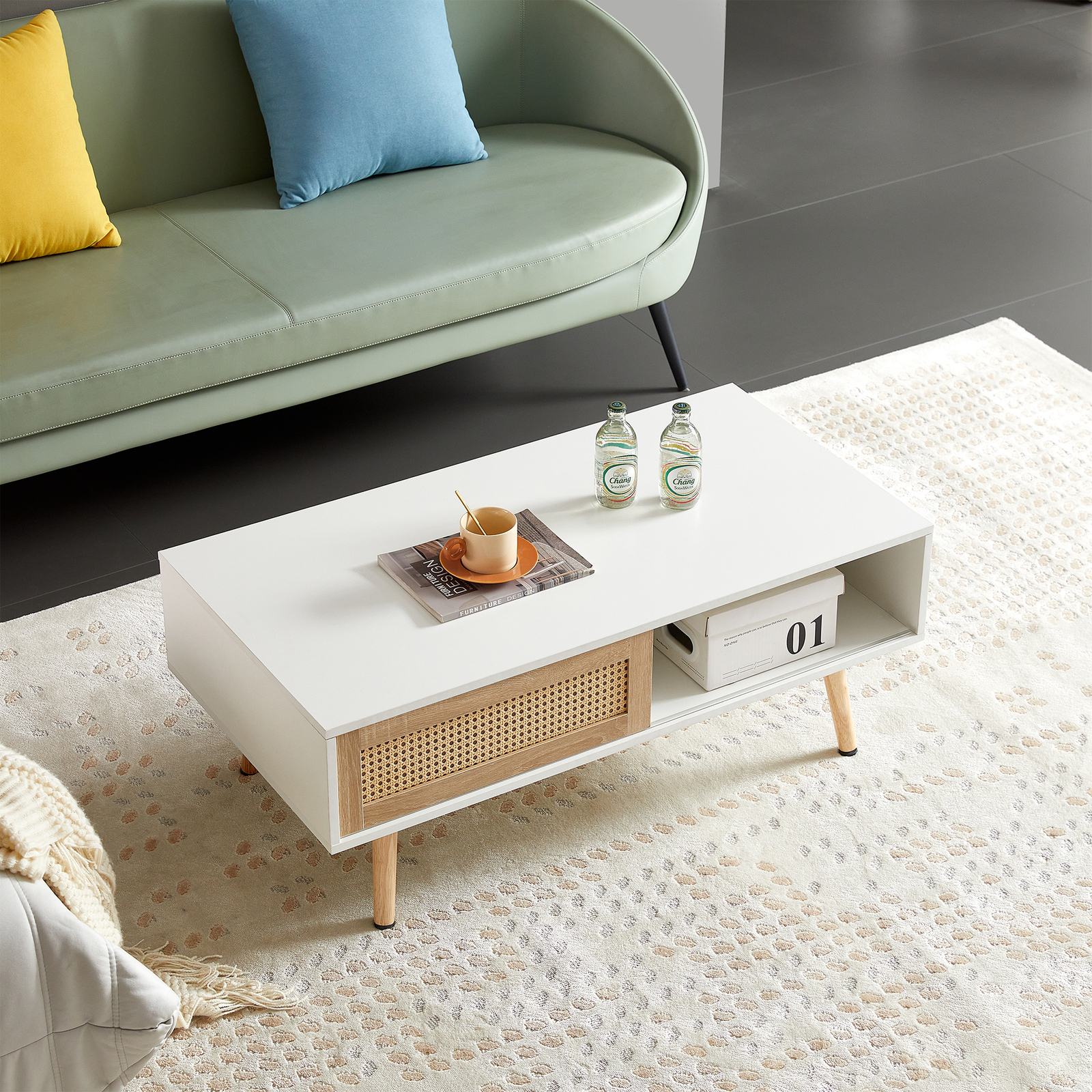 Rattan Coffee Table with Storage Cabinet and Open Shelf Wood Center Table