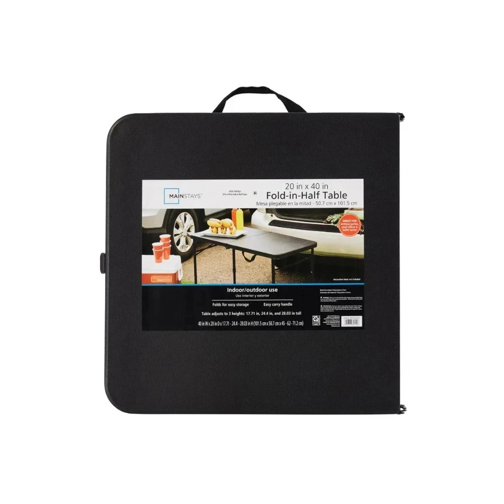 Mainstays 4 Foot Fold-in-Half Adjustable Folding Table, Rich Black – NEW