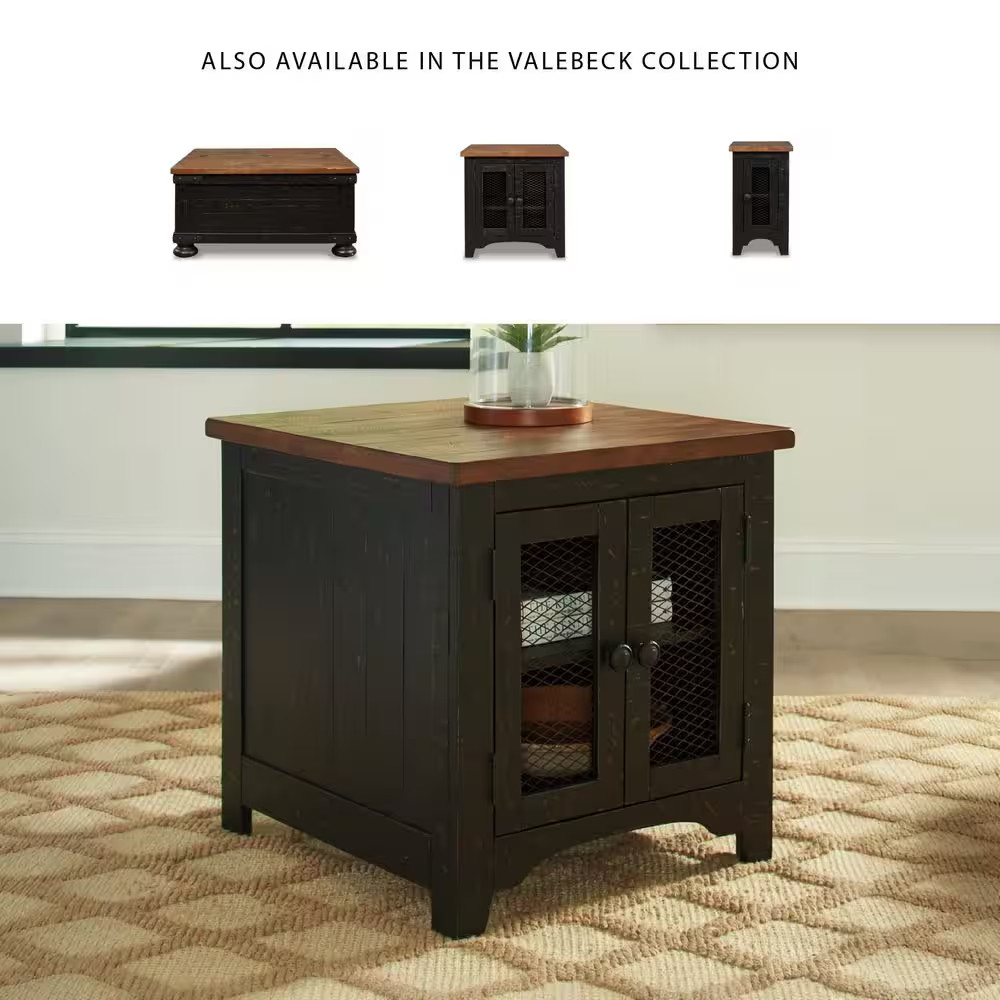 Valebeck 24 In. Black/Brown Rectangle Wood End Table with Cabinet and Shelf
