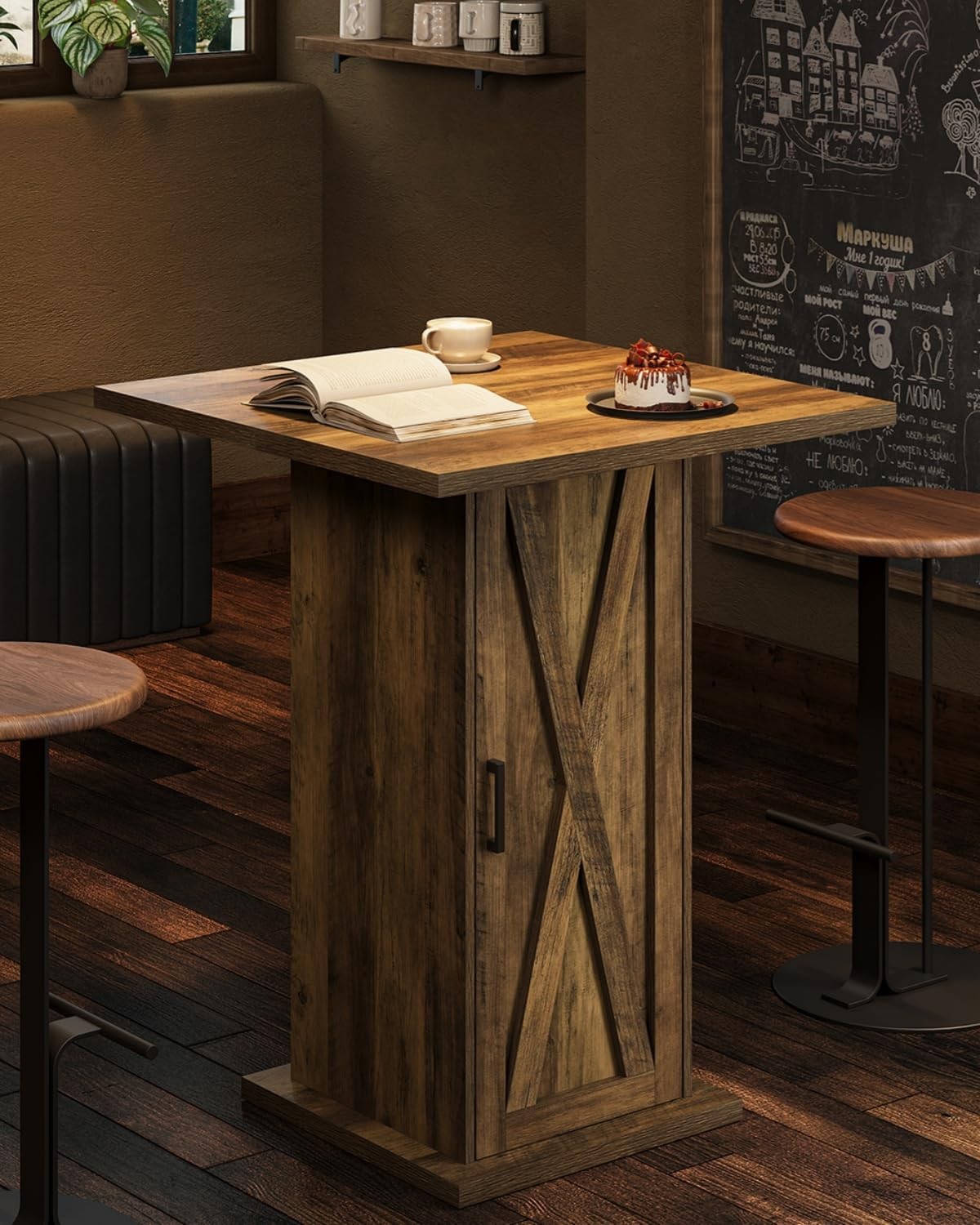 Square Bar Table with Storage, 39.4″H Industrial Square High Top Pub Table