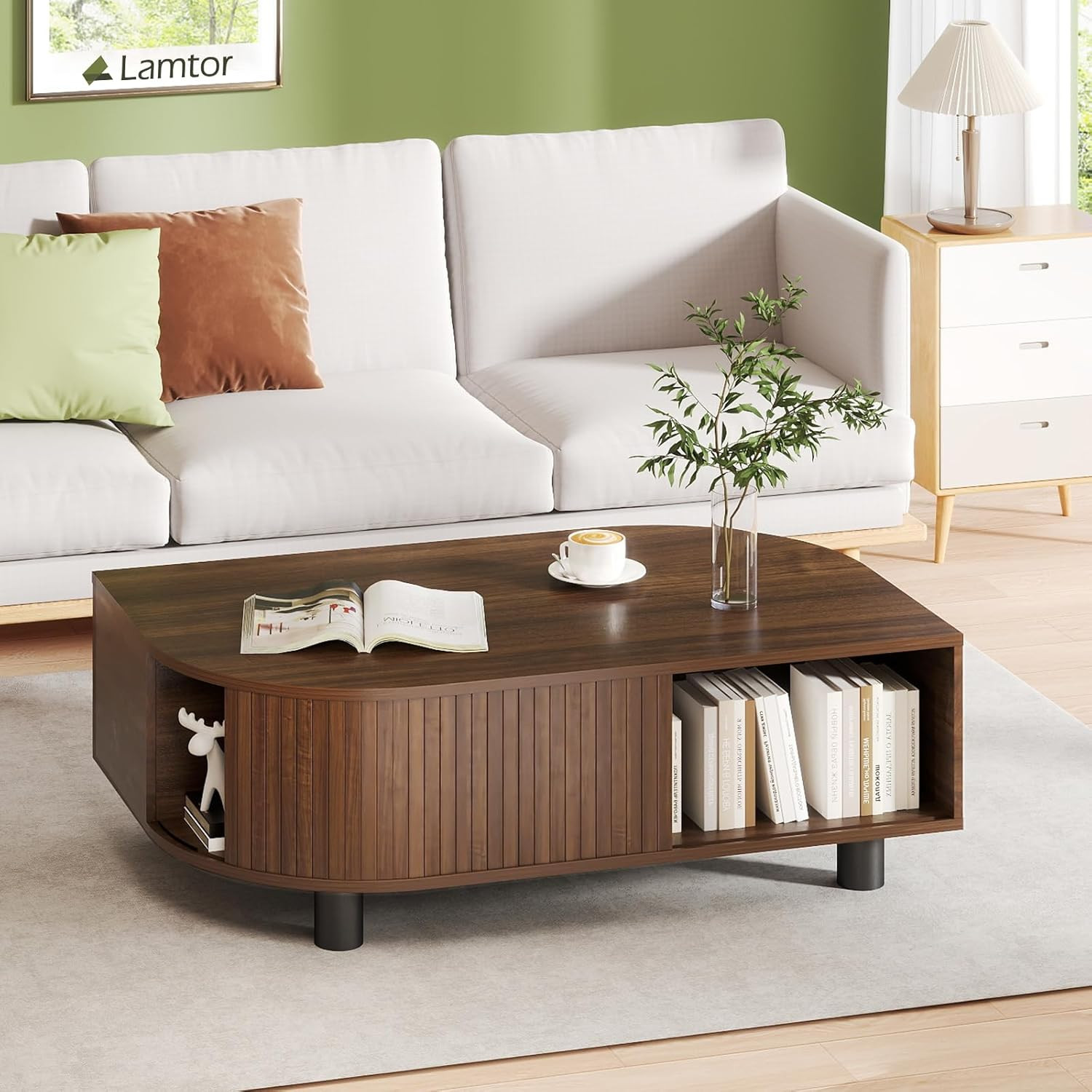 Mid Century Leaf-Shaped Coffee Table with Storage – Walnut Finish