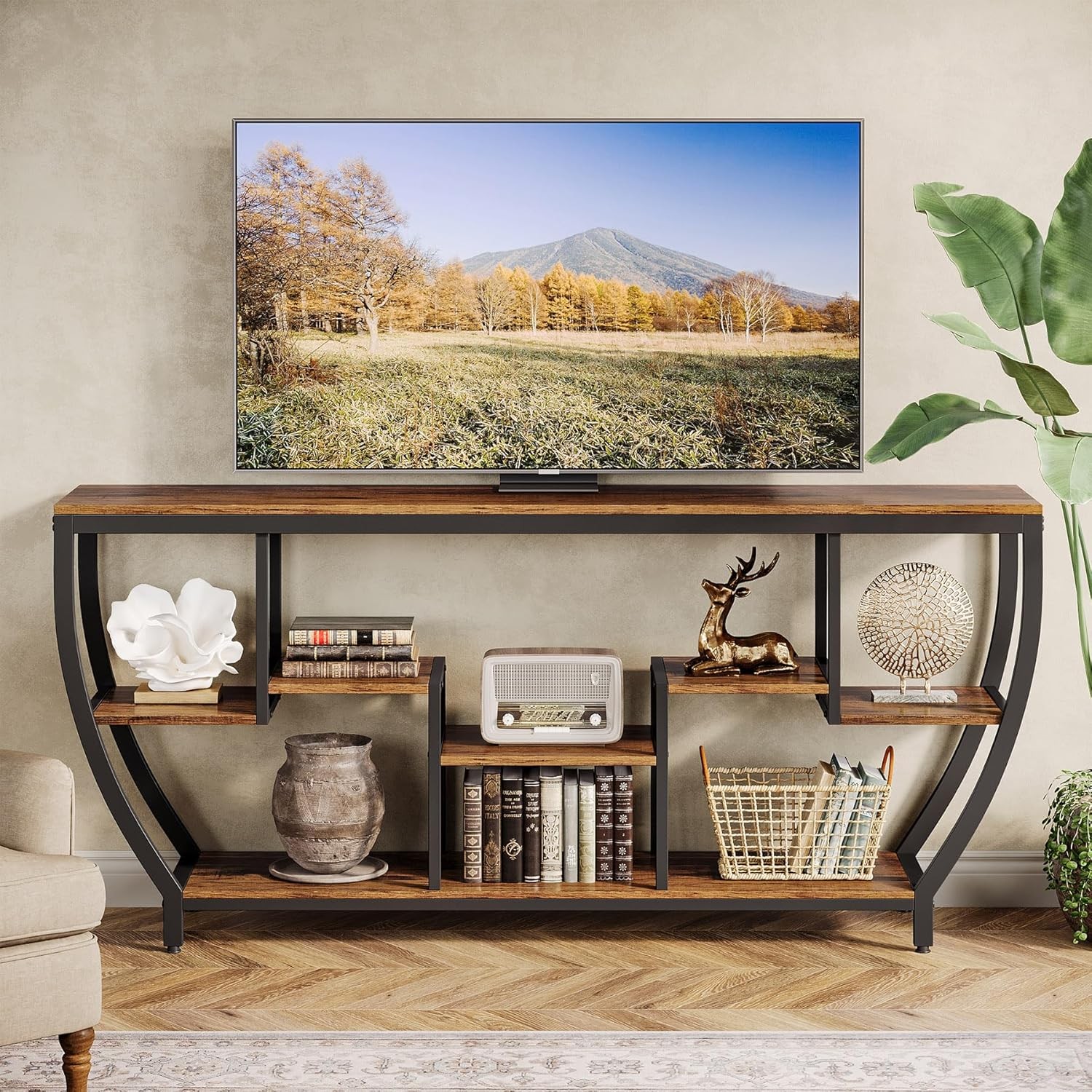 TV Stand for Televisions up to 80 Inches, Wood TV Media Console Table Unit-Brown