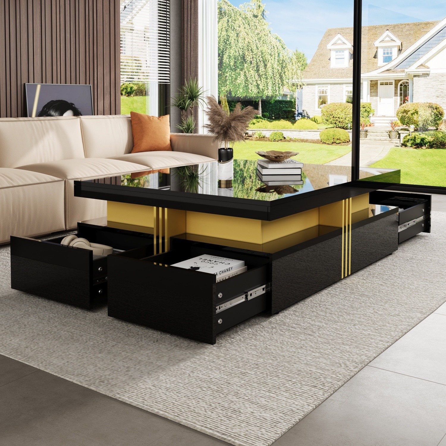 Modern Glossy Square Coffee Table End Table w/ 4 Storage Drawers for Living Room