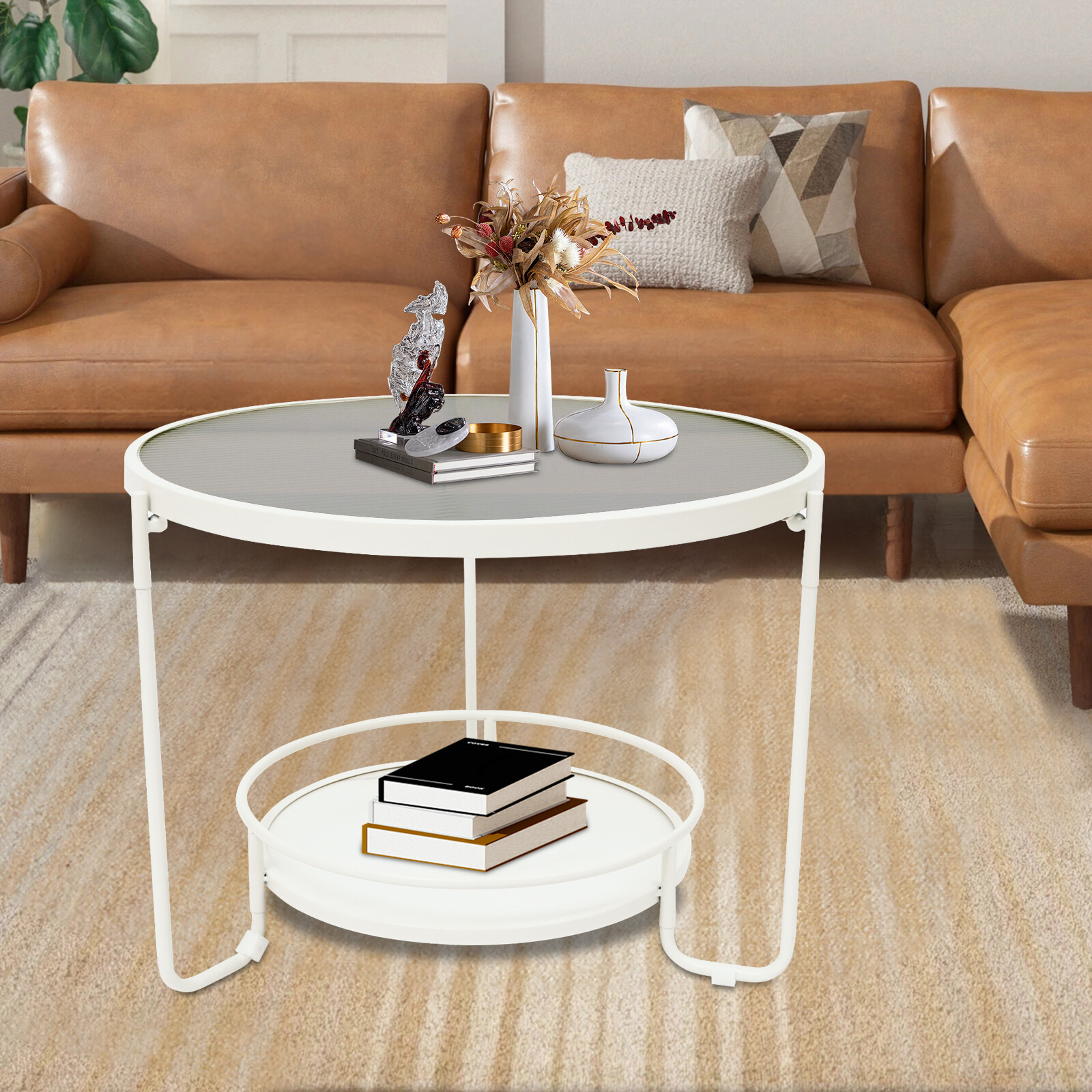Modern Round 2-Tier Side Table – Black/White& Teal/Clear, Tempered Glass 60/40cm