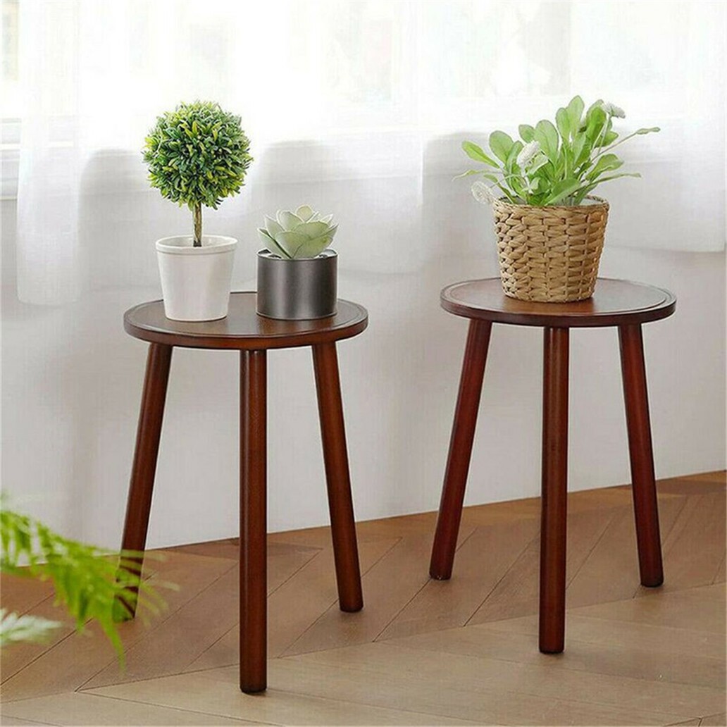 2PCS Retro Round Side Table Bamboo Plant Stand Flower Pots Holder 3-Legs Stools