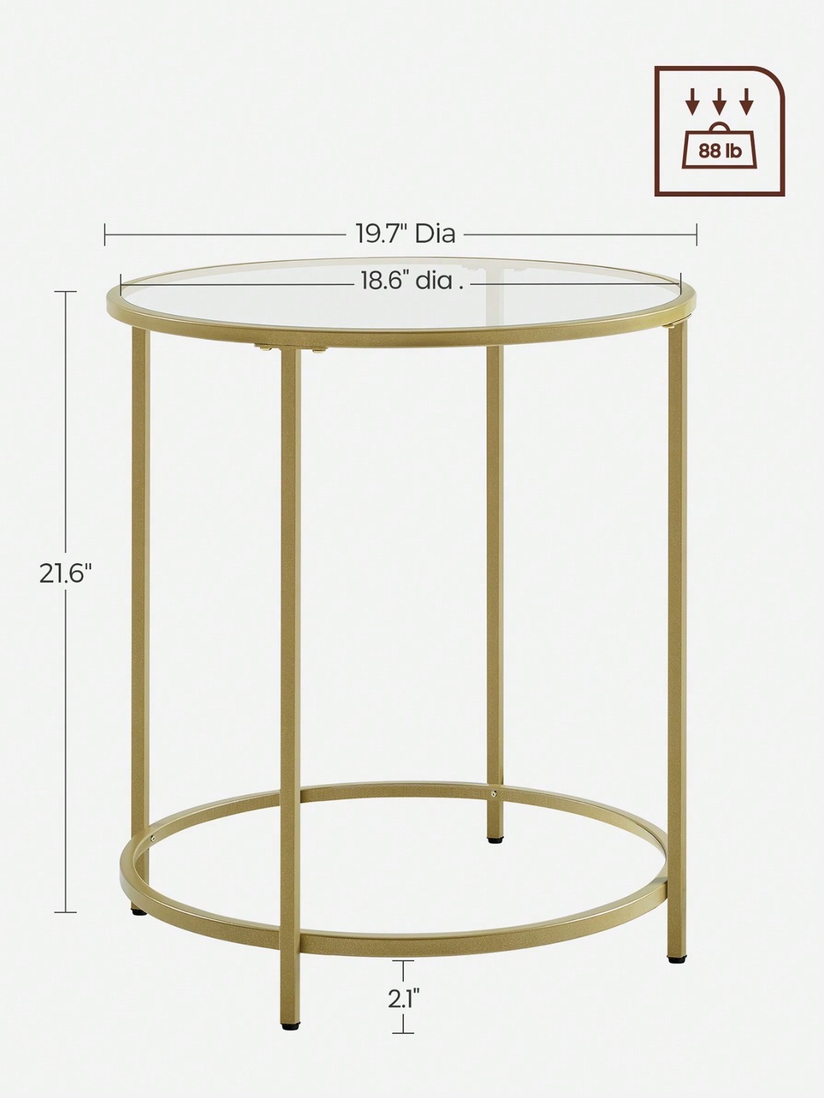 VASAGLE Round Glass Side Table Gold Metal Frame For Living Room Bedroom