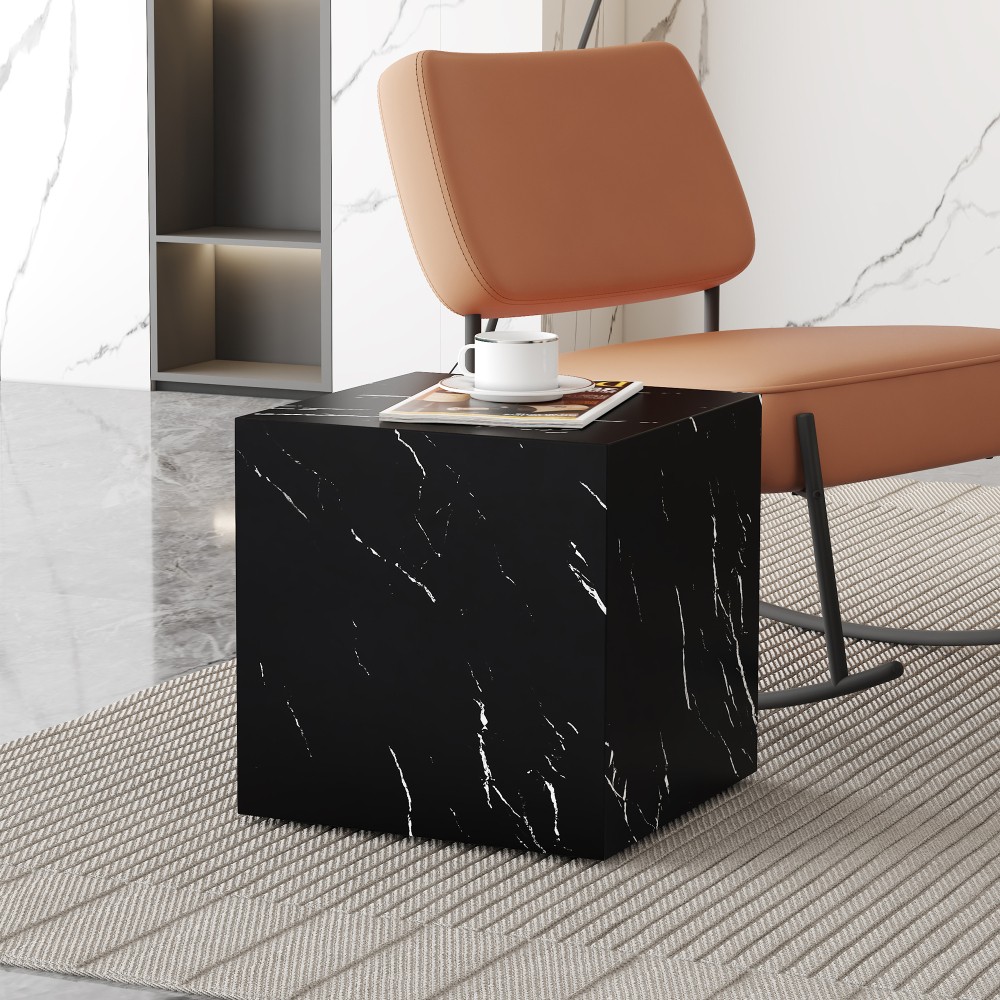Modern Black Cube Coffee Table 15.7in, MDF Marble Texture End & Sofa Side Table