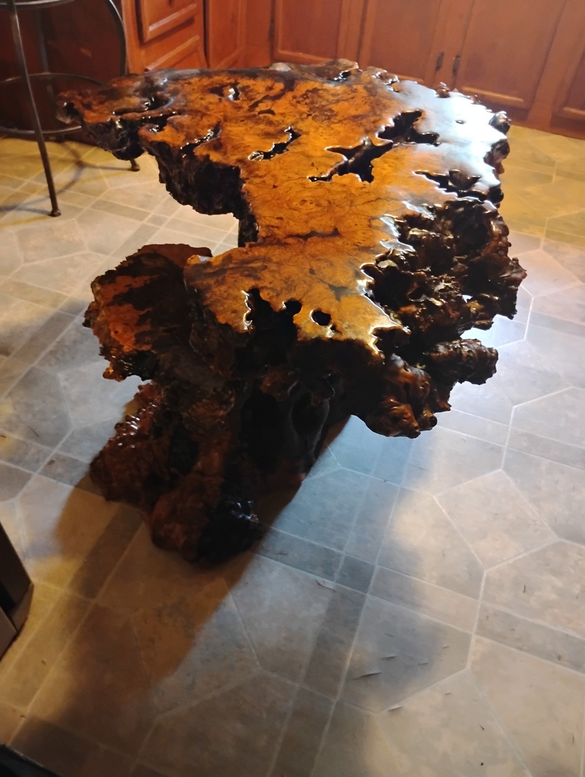 Vintage Handmade Redwood Burl Coffee Table with Redwood Stump Basee