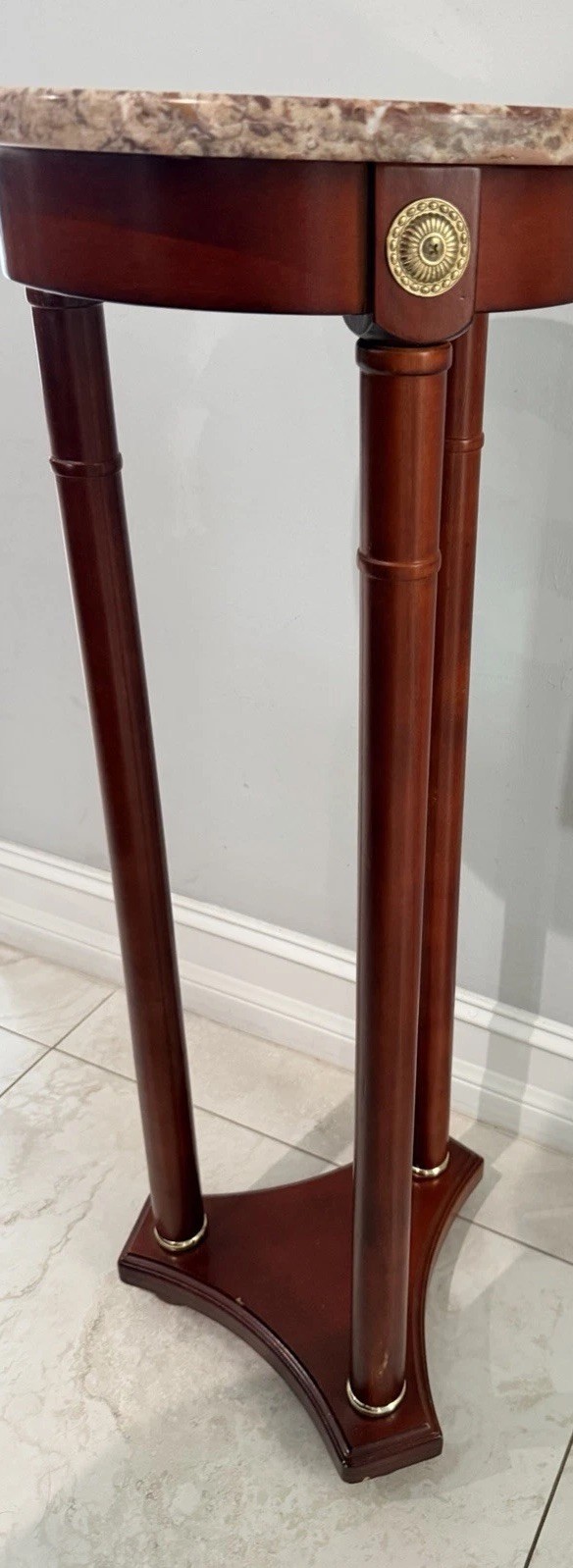 Vintage Pedestal Plant Stand side table Column Brass trims Marble Top wood Beaut