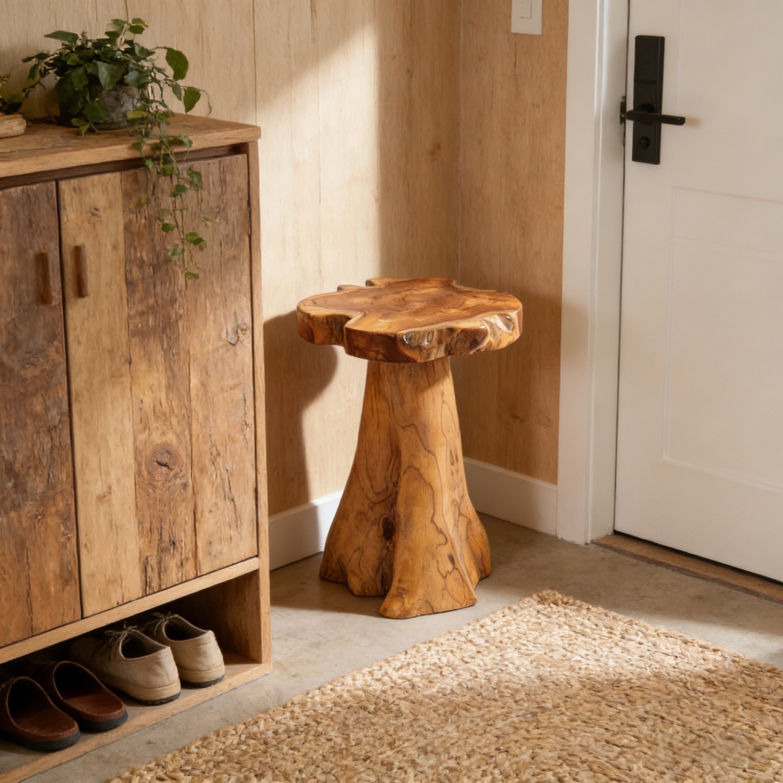 Rustic Teak Tree Stump Table – Live Edge Side Table or Stool, Natural Wood, Gift