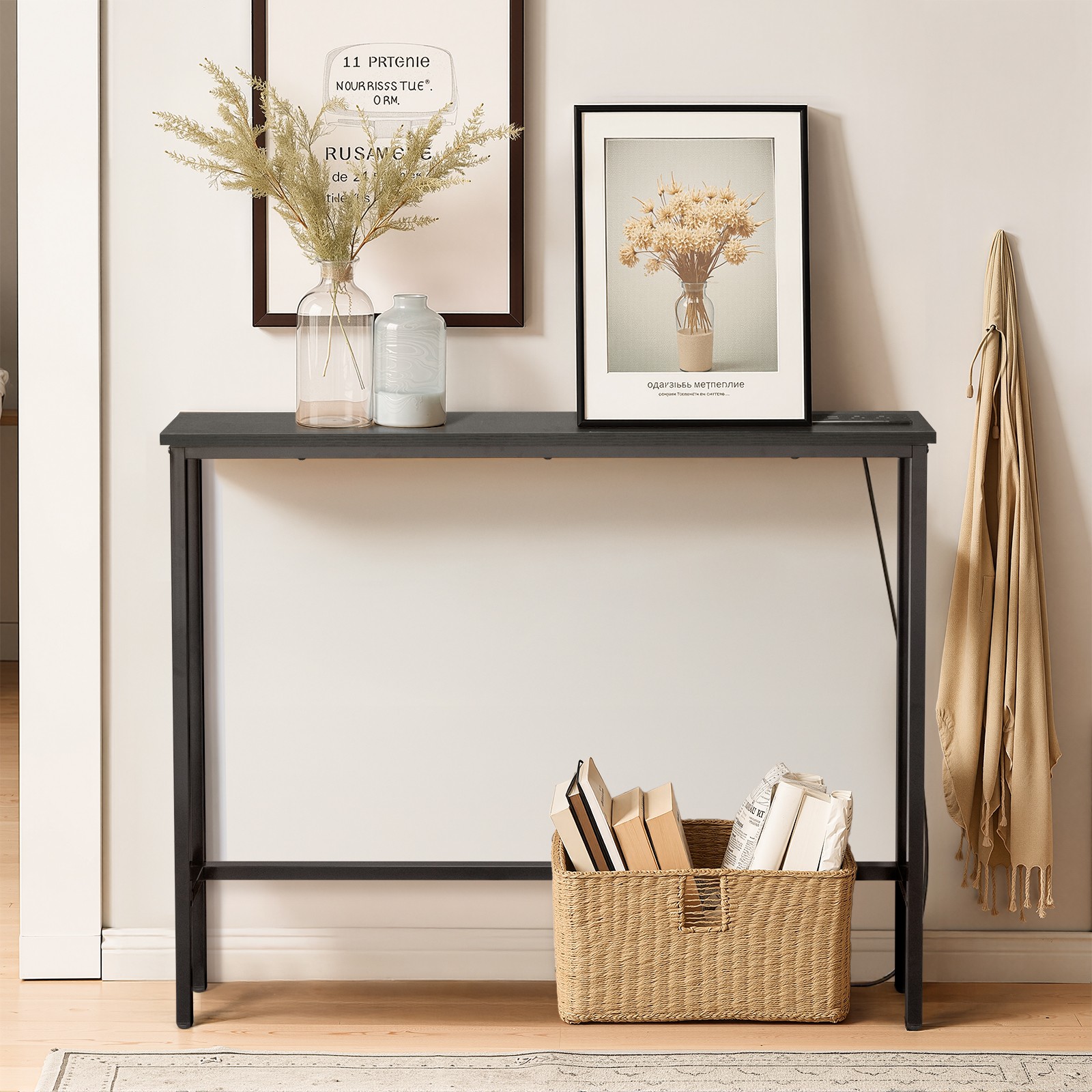 39.4″ Narrow Console Sofa Table with Power Outlets and USB Ports, Black