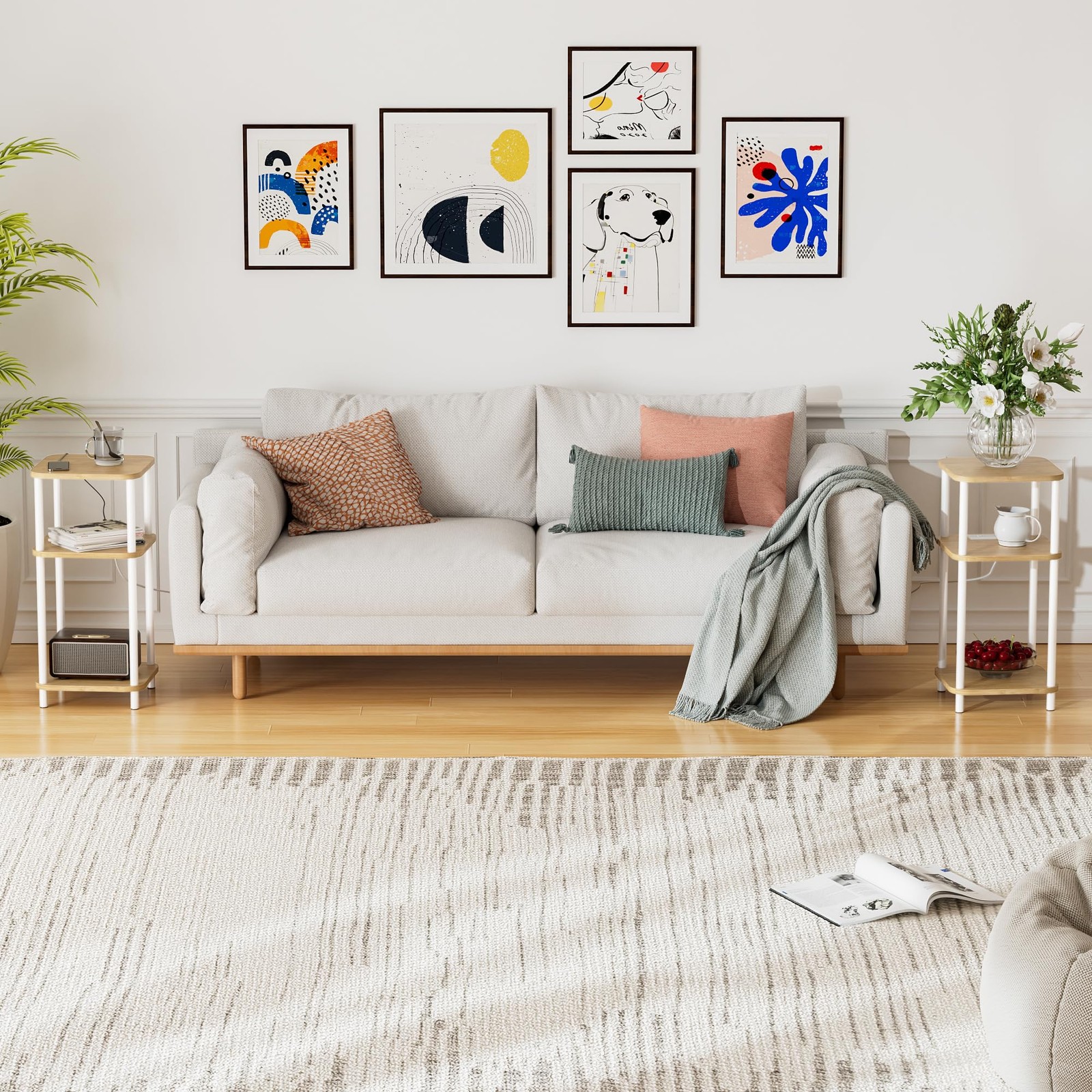 Bamboo End Table with Charging Station, Side Table for Small Space, Small Table