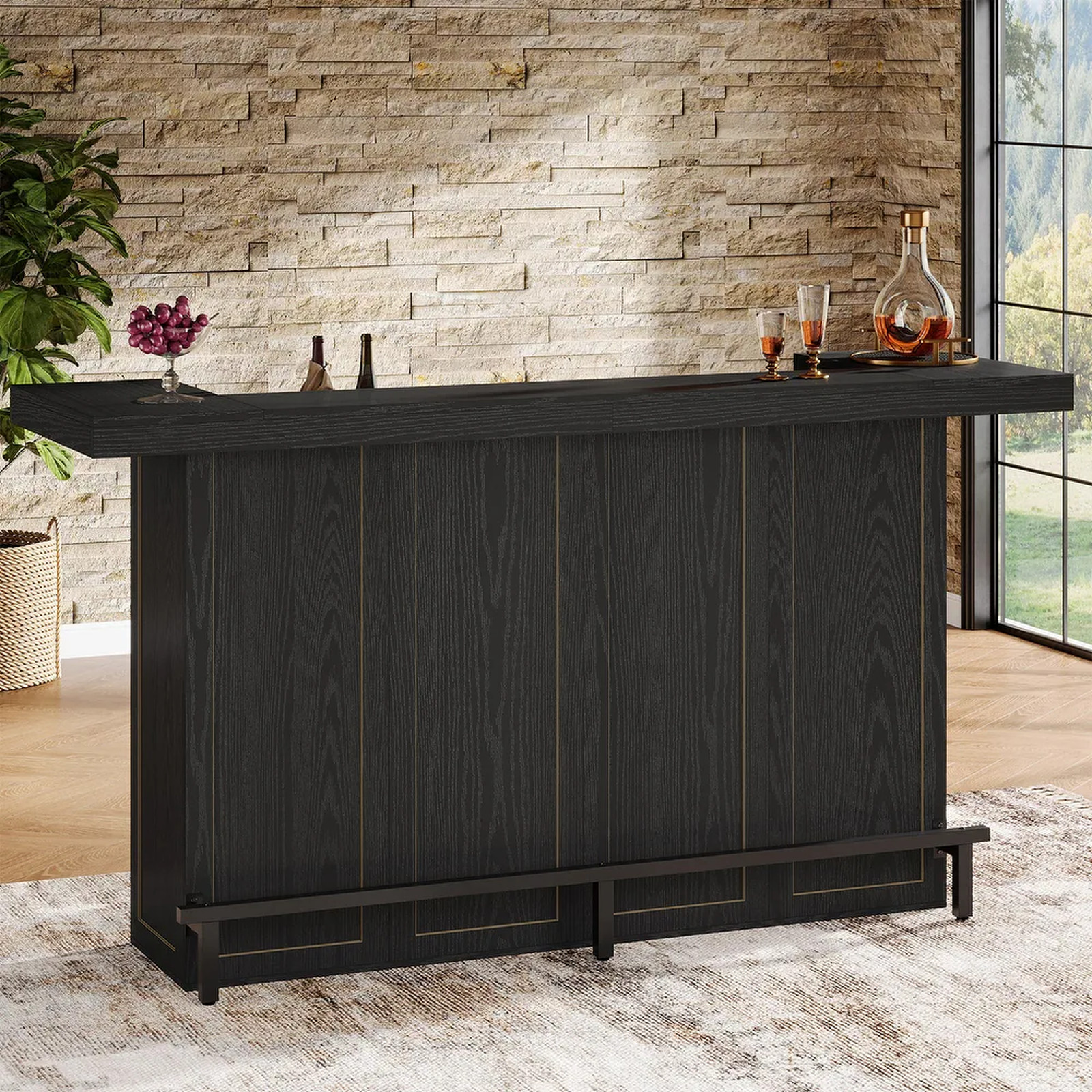 Modern Home Bar Cabinet 70.9″ Table Counter Height Liquor Storage Black Station