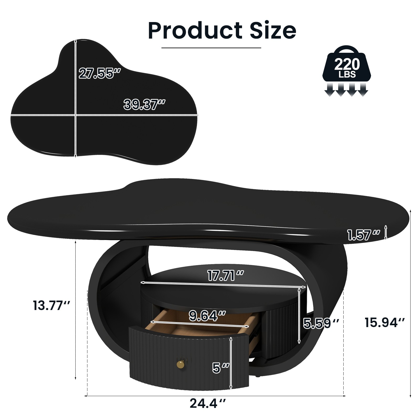 Modern 39″ Black Coffee Table Cloud Center Table MDF Metal w/ Drawer Living Room