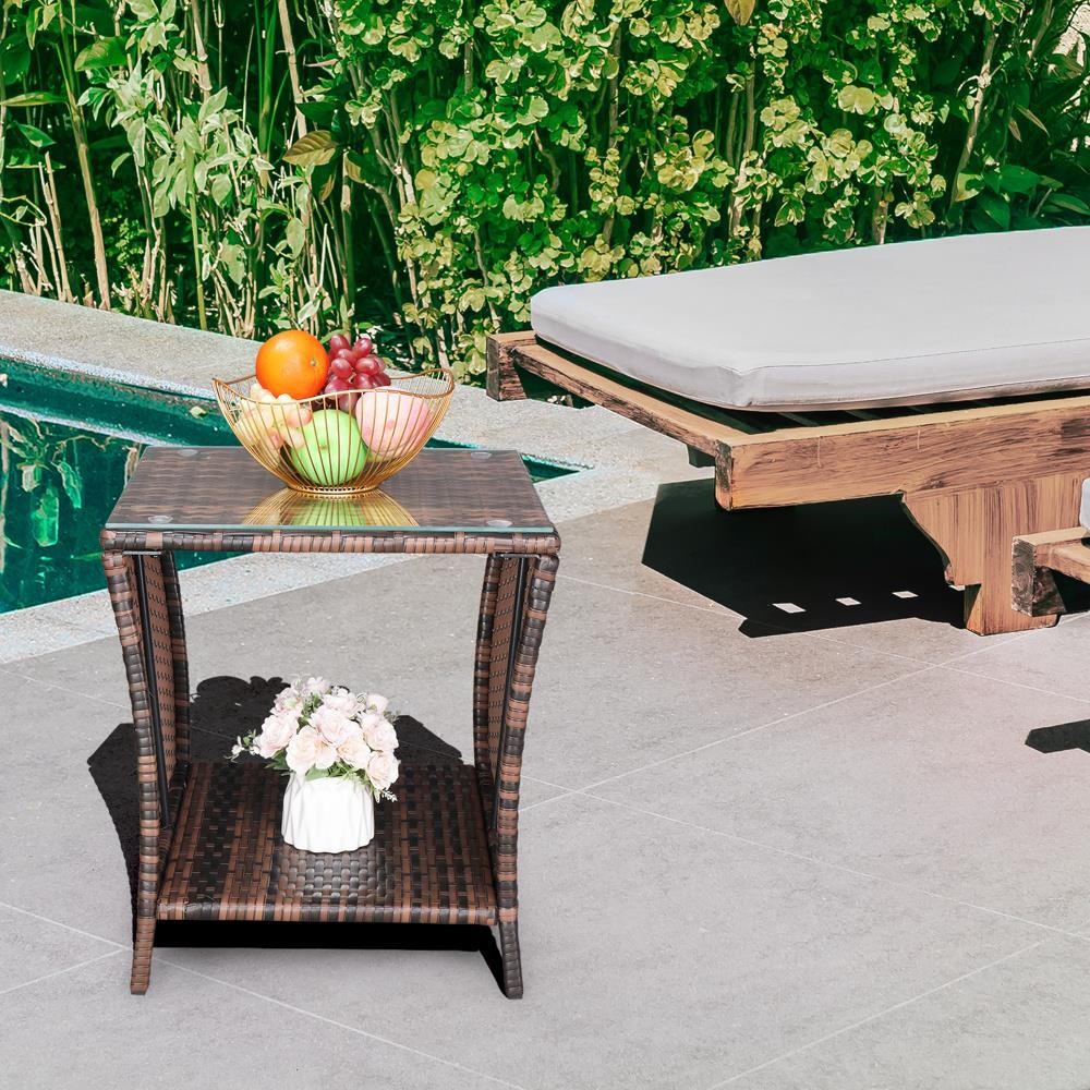 All-weather Square Wicker Rattan Side Tea Table Patio Furniture with Glass Top