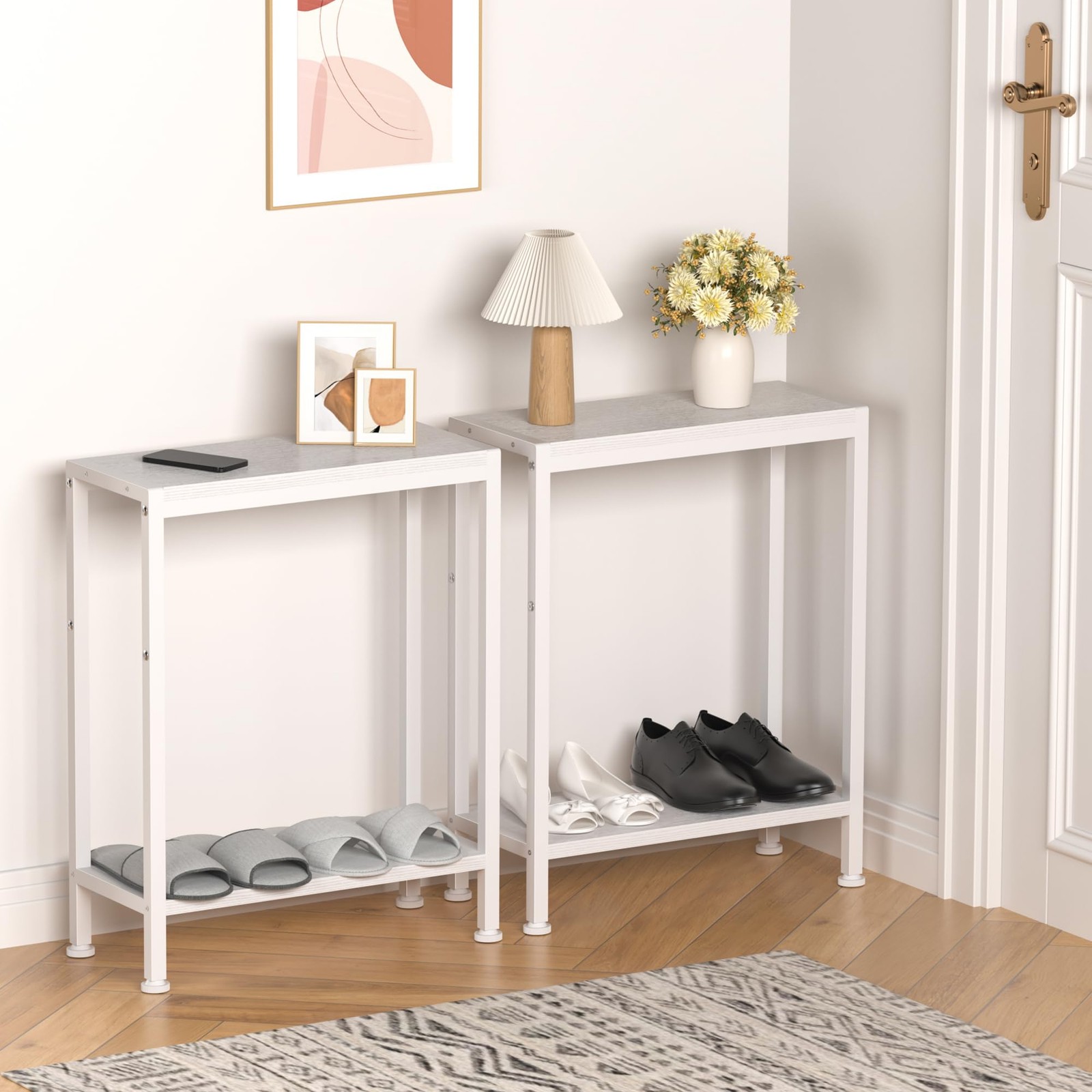 Narrow Side Table Small Space 2Tier Slim Couch Bedside Stand White 1 PCS