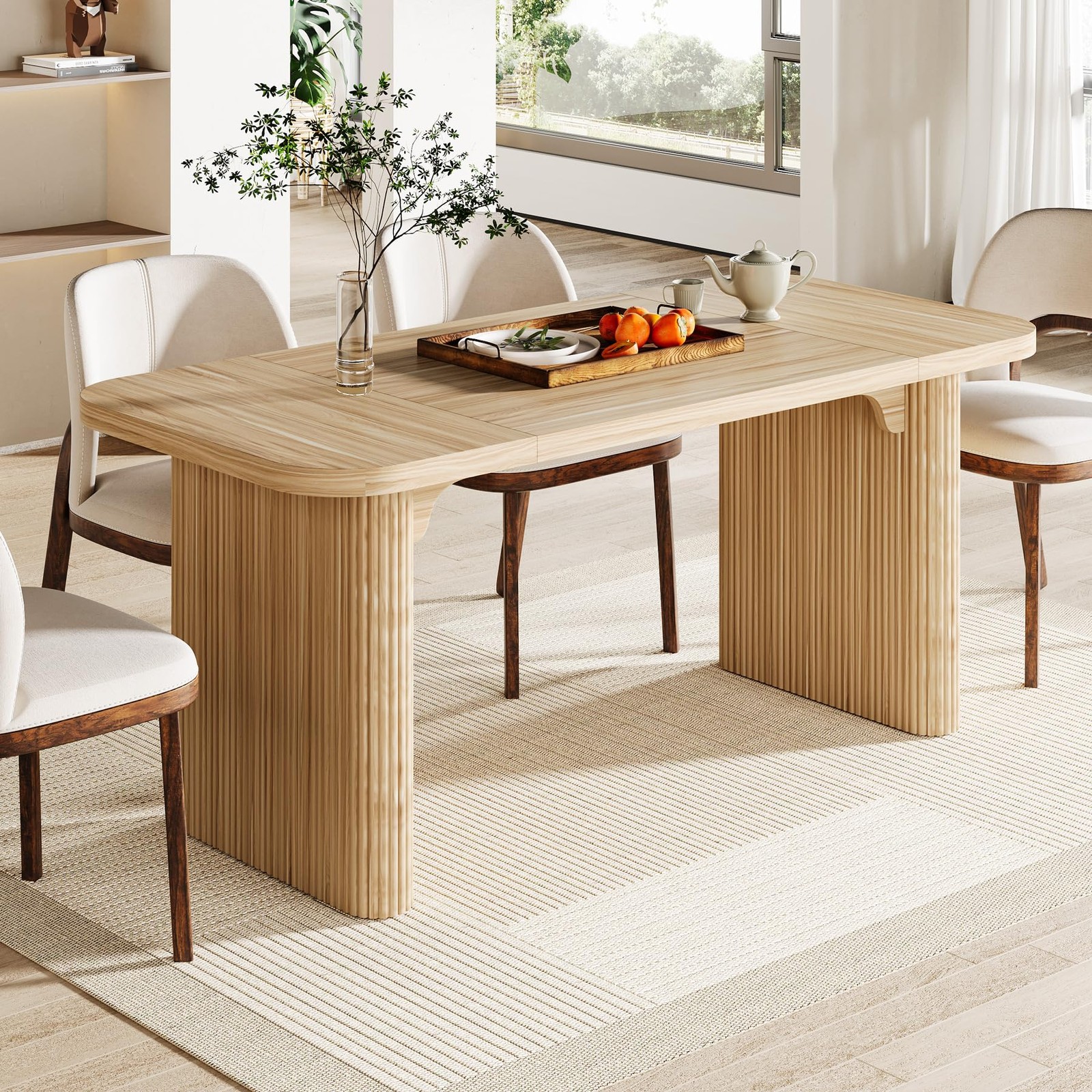 Modern Dining Table for 6 People, 62-Inch Natural Wood Kitchen Table with Dou…