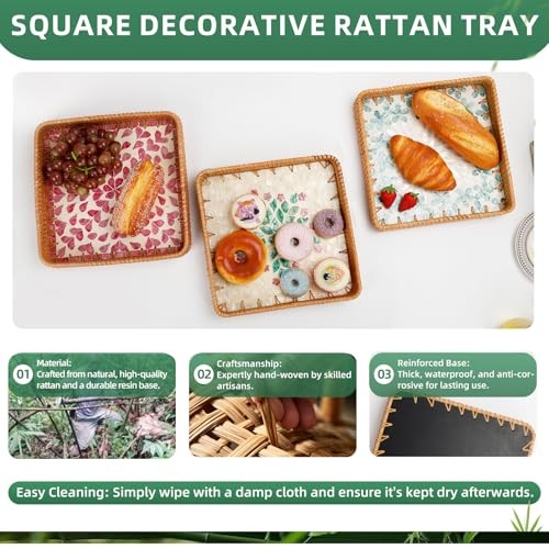 1 pcs Rectangle Rattan Serving 10.6″ x 10.6″ x 1.9″ Pink-Green & Pink Floral
