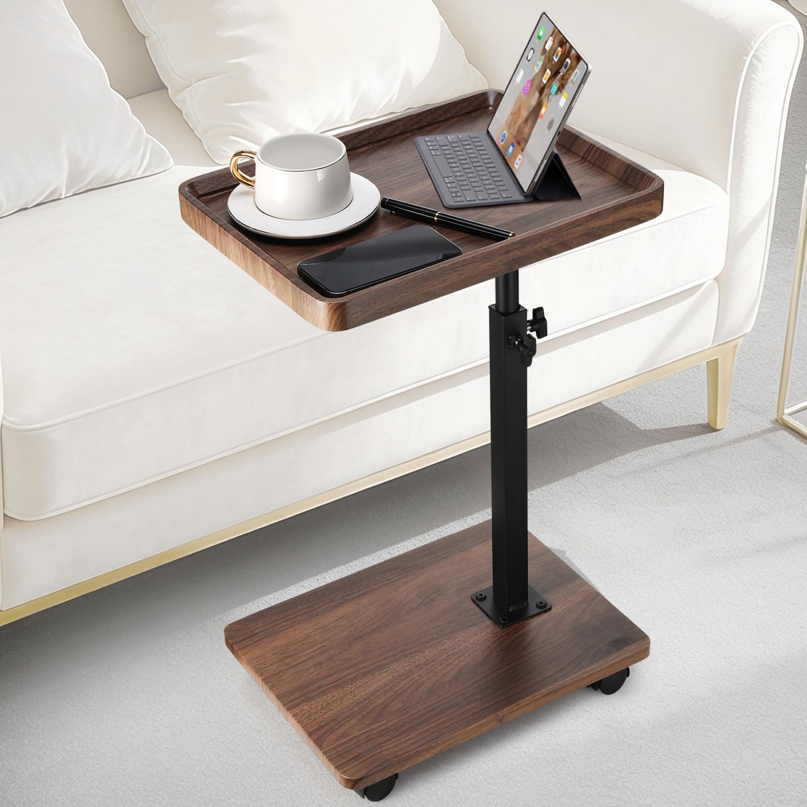 C Shaped End Table for Couch, Adjustable Height C Shaped Side Table with Whee…