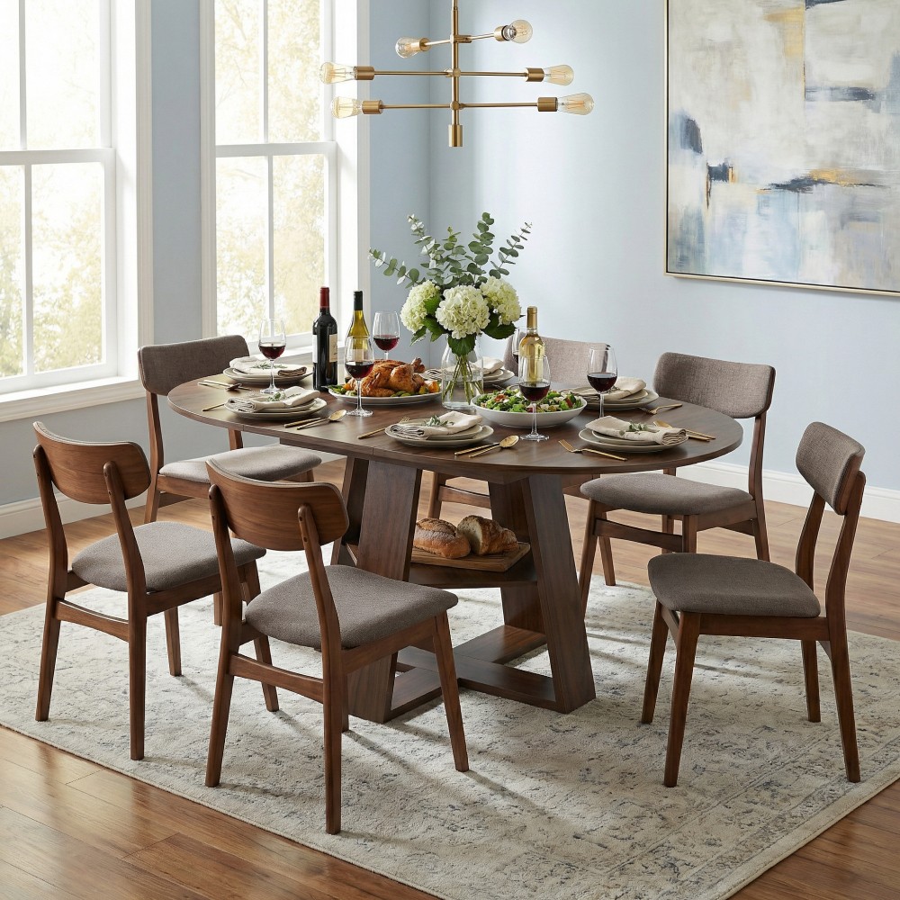 43-59″ Extendable Round Dining Table, Walnut, Space-Saving with Storage Shelf