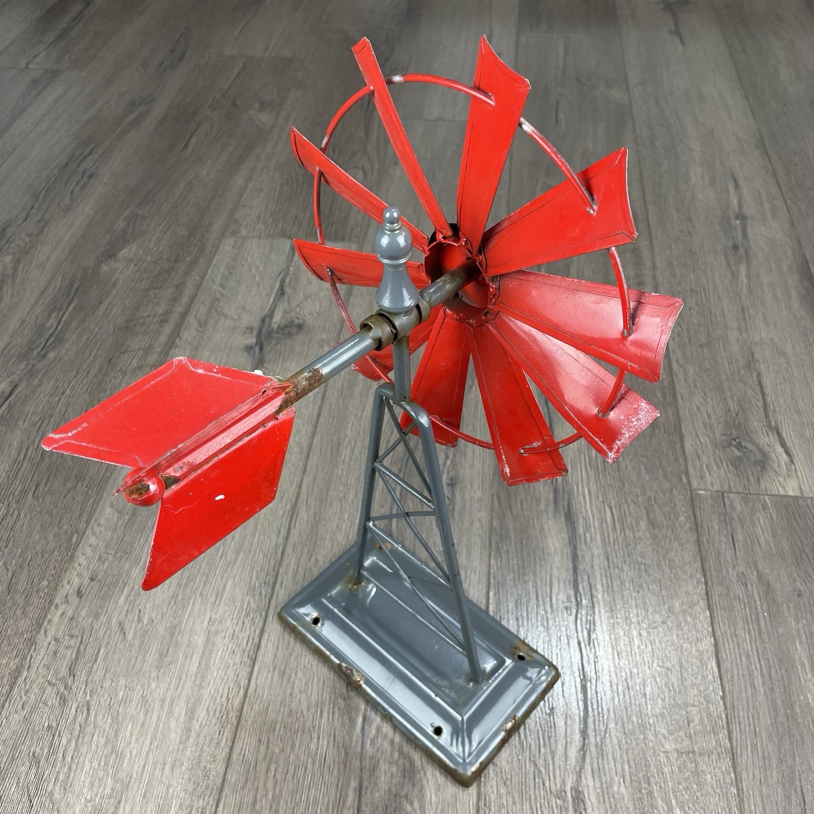 Vintage Small Metal Red Table Top Windmill Tower 8.5” Blade About 16” Tall