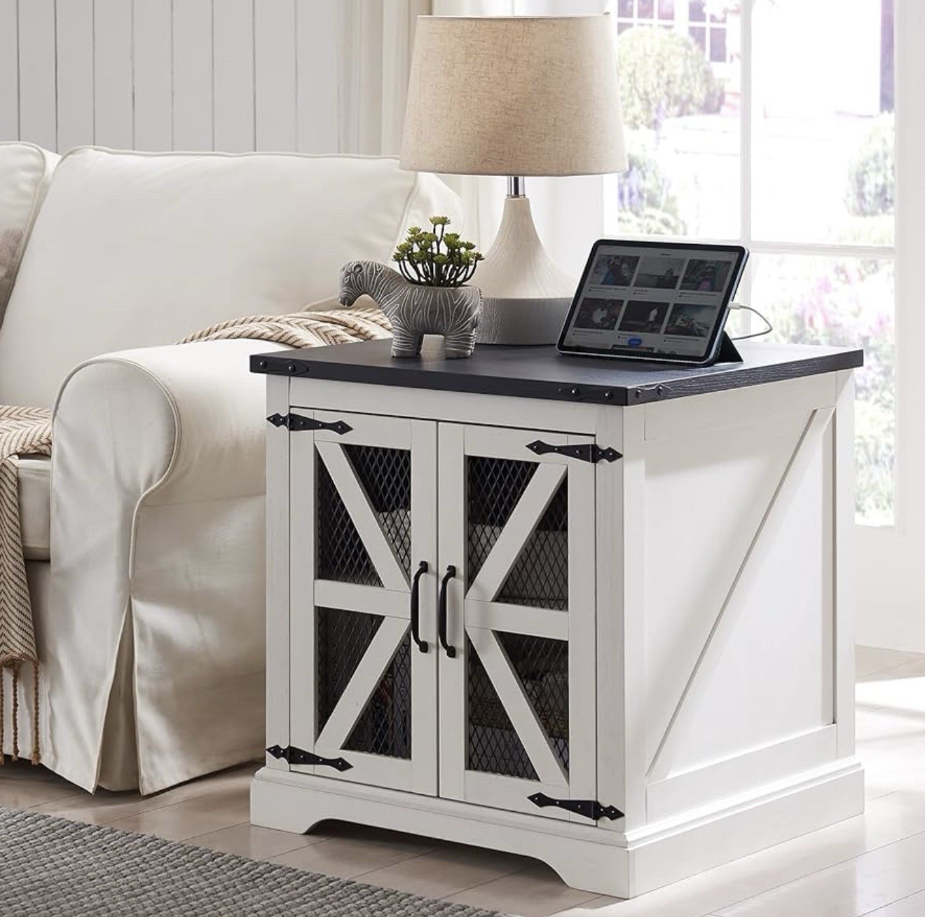 23.6″ Large Farmhouse End Table with Charging Station Adjustable Storage Shelf